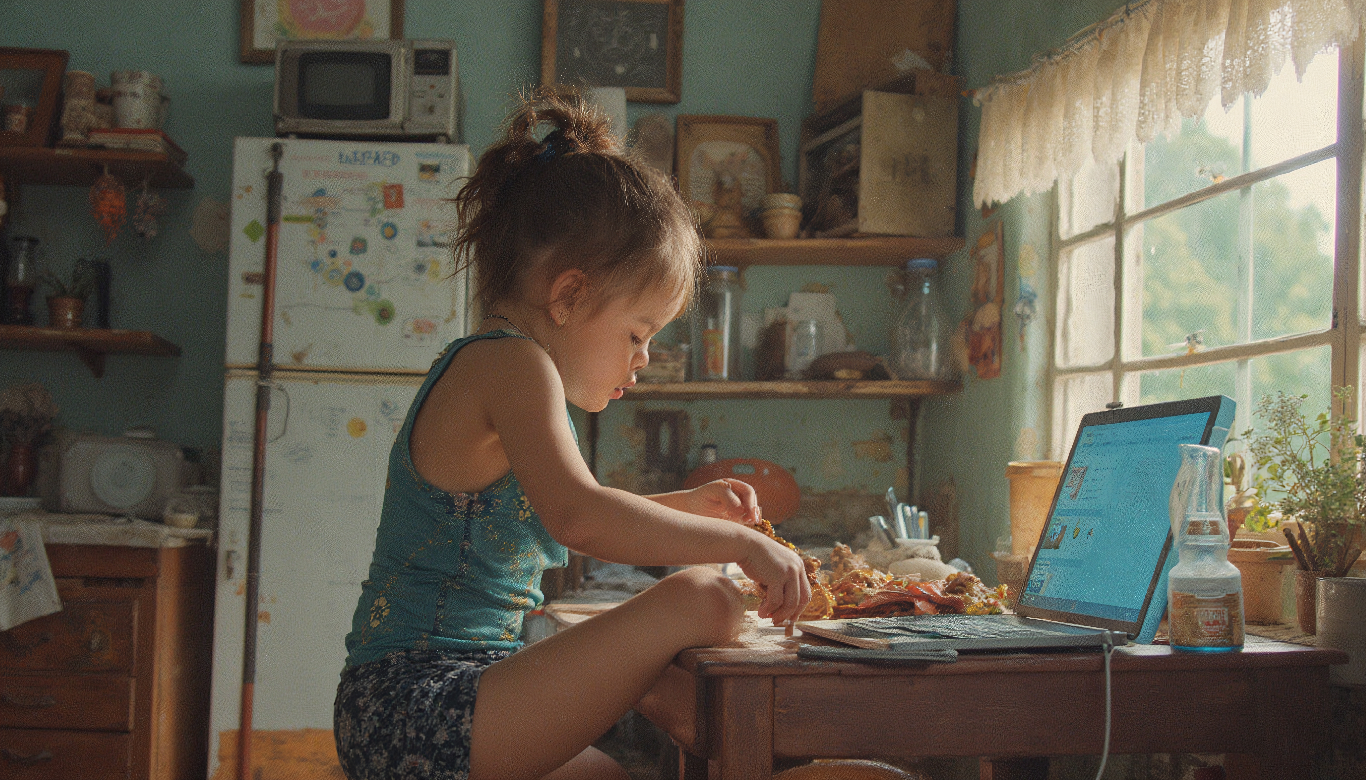 Child peels oranges in kitchen