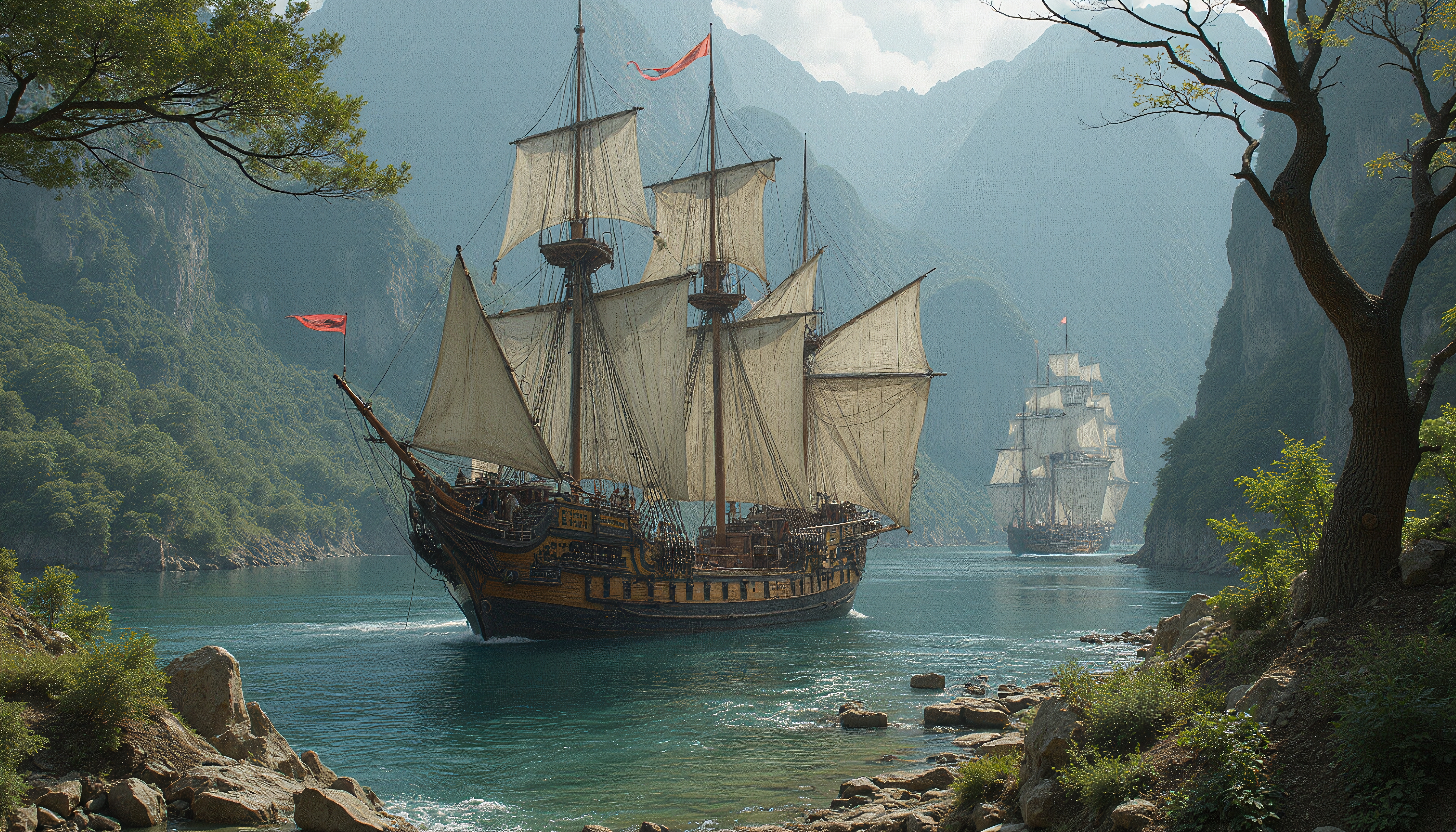 Sailing Ships in Mountainous Landscape