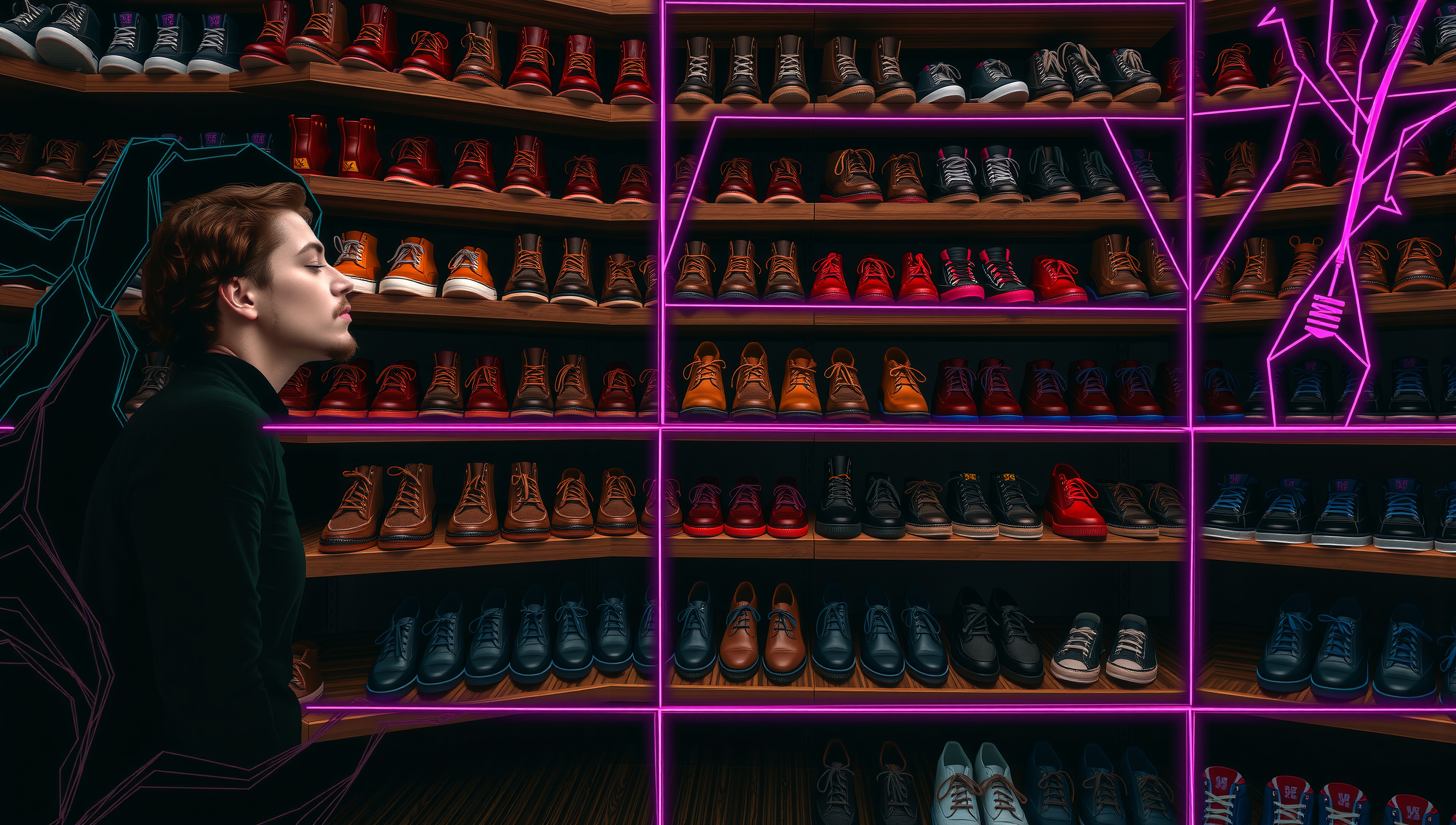 Shoe Collection Against Neon Lights