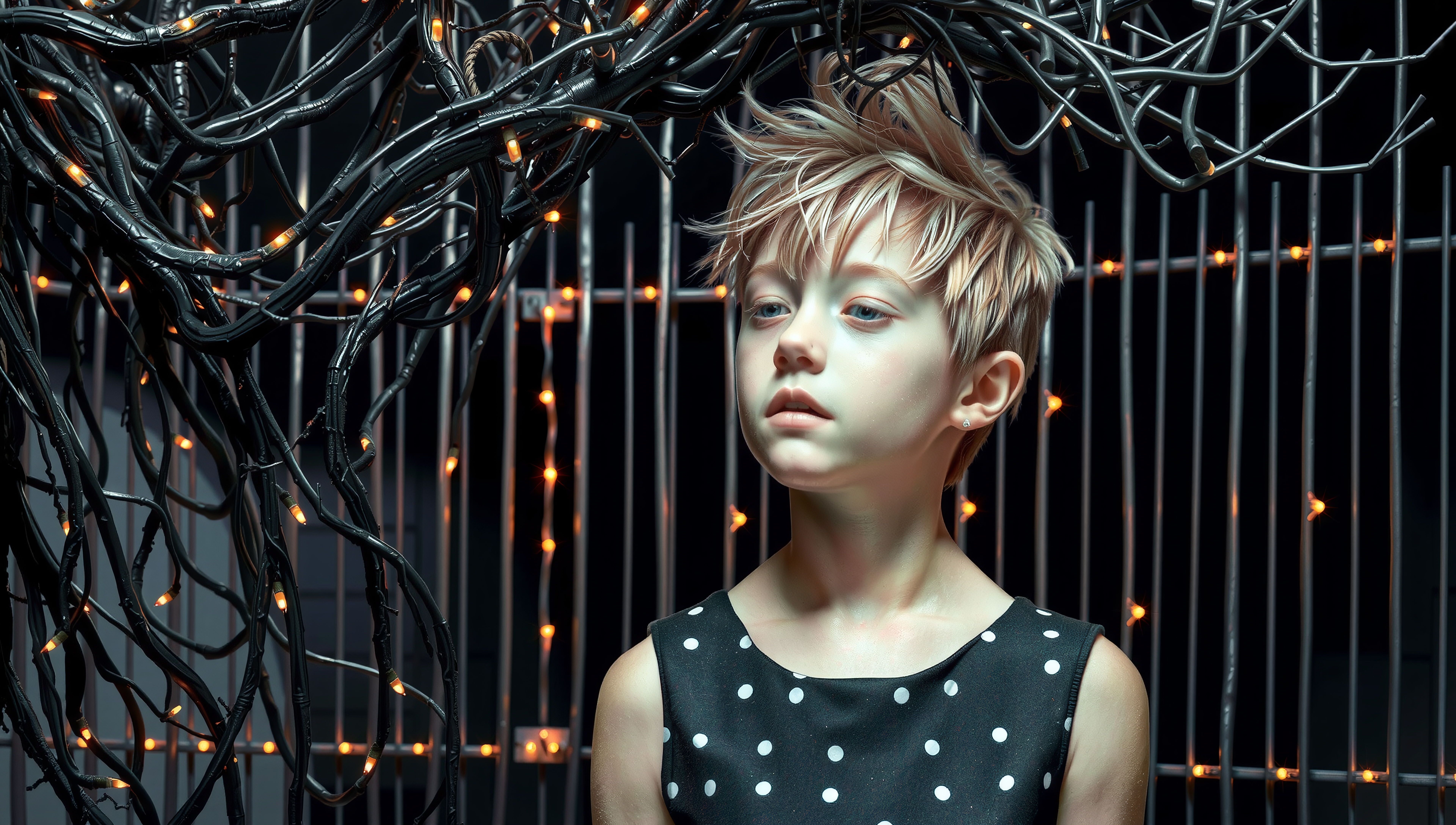 A young person stands beneath glowing cables in a futuristic setting.