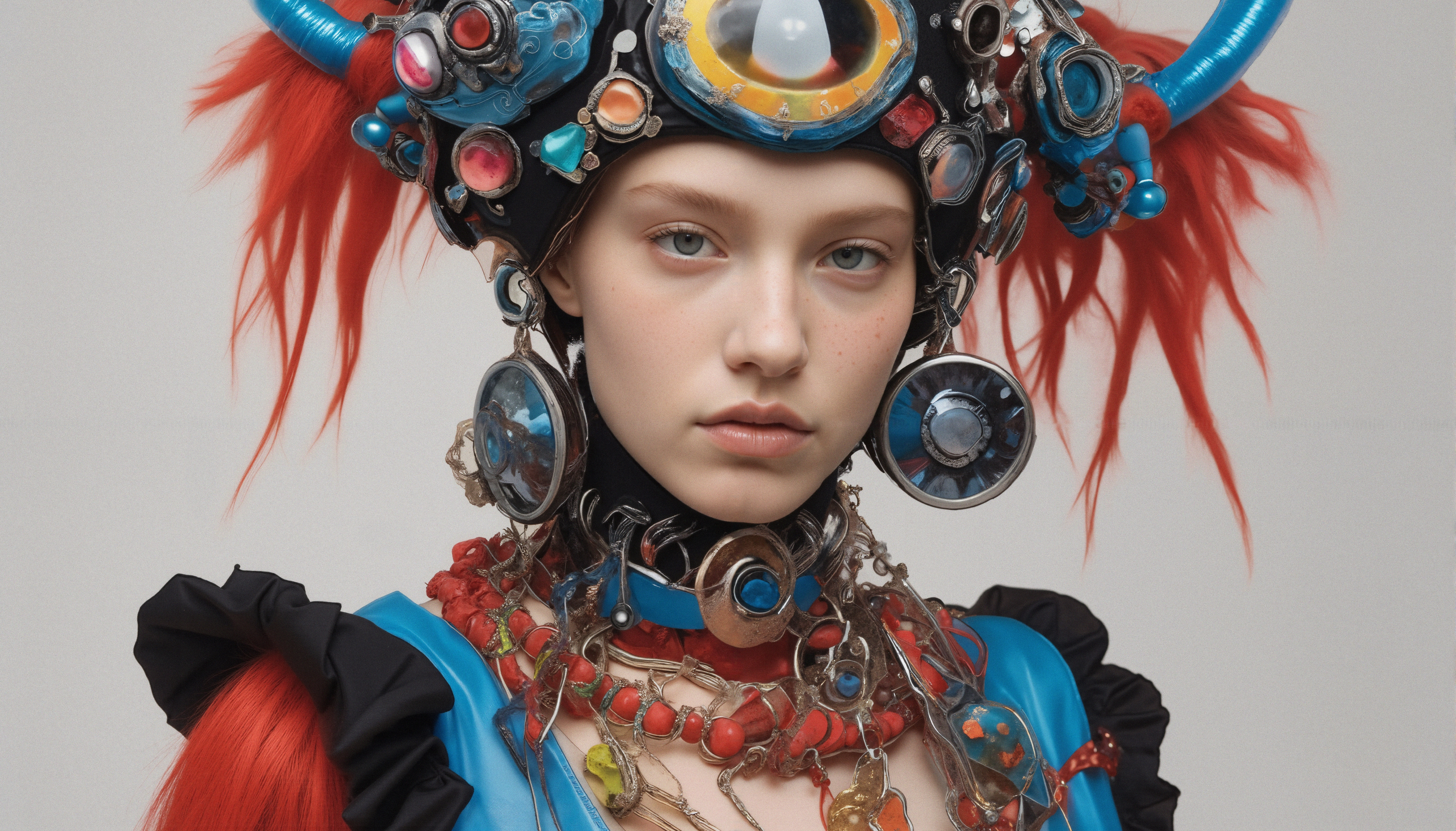 A person in an elaborate, colorful headpiece with geometric elements and red feather extensions, set against a plain background.