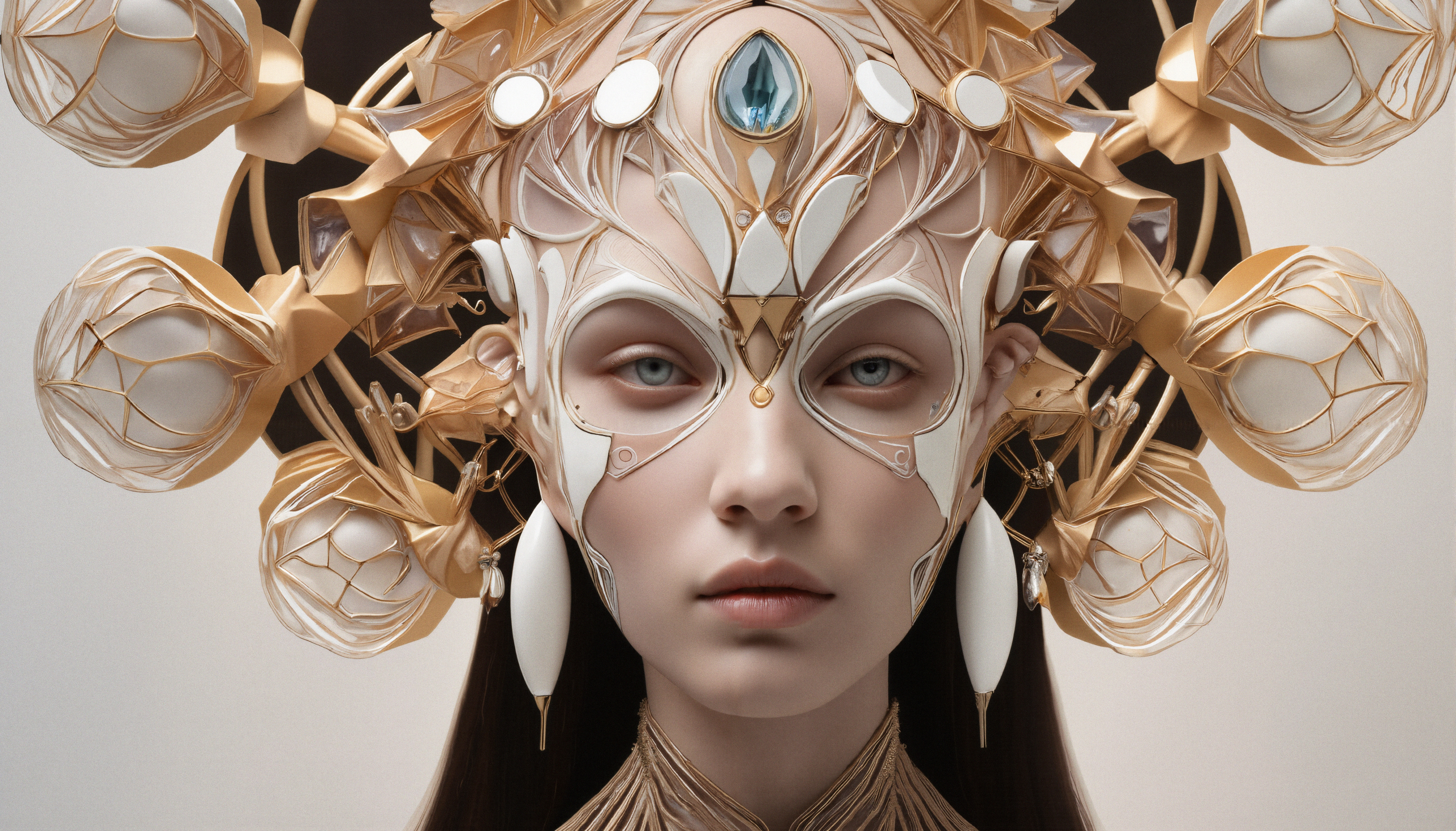 A person wearing an intricate, futuristic headpiece with geometric designs and a blue gemstone centerpiece, conveying elegance and artistry.