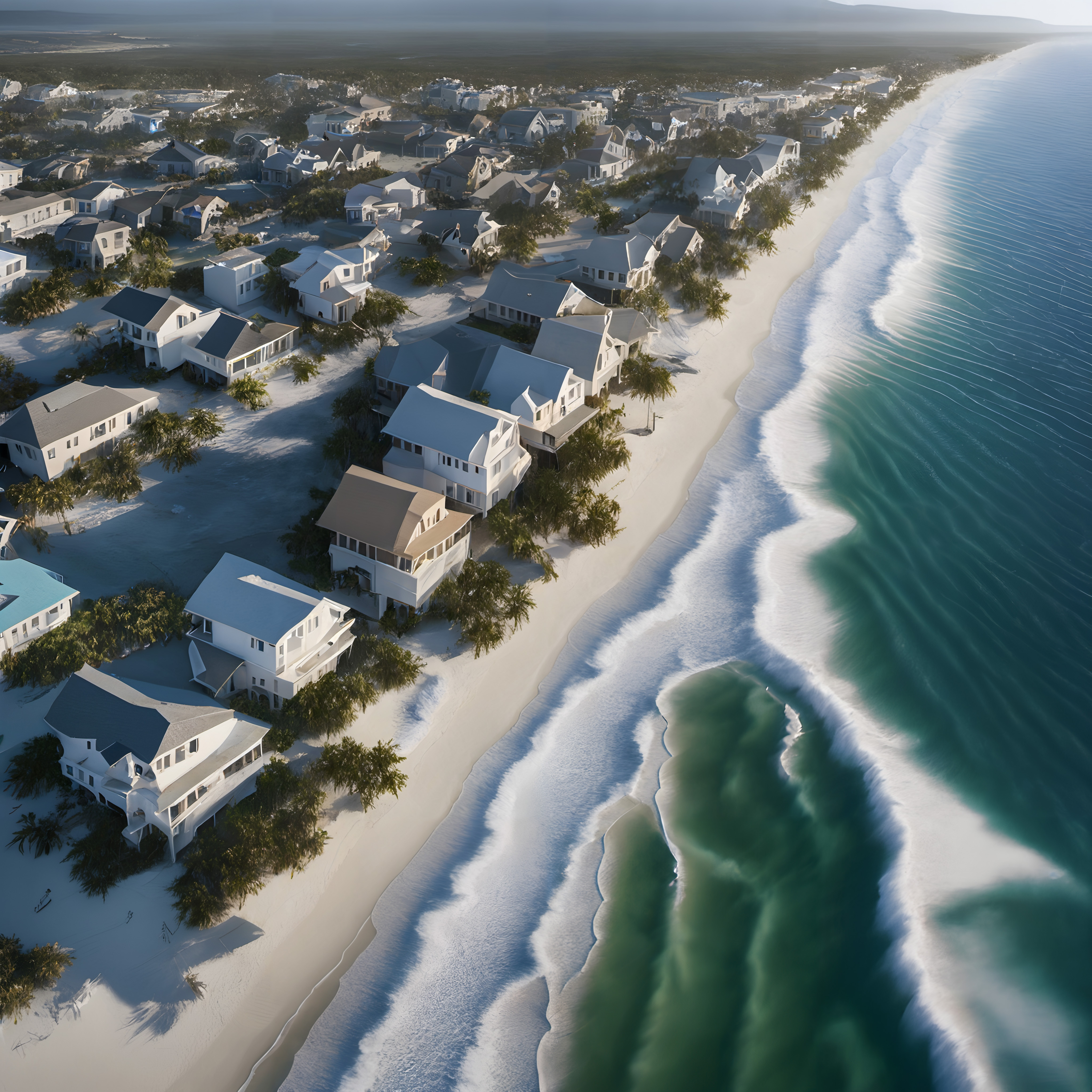 A summer beach with houses and waves