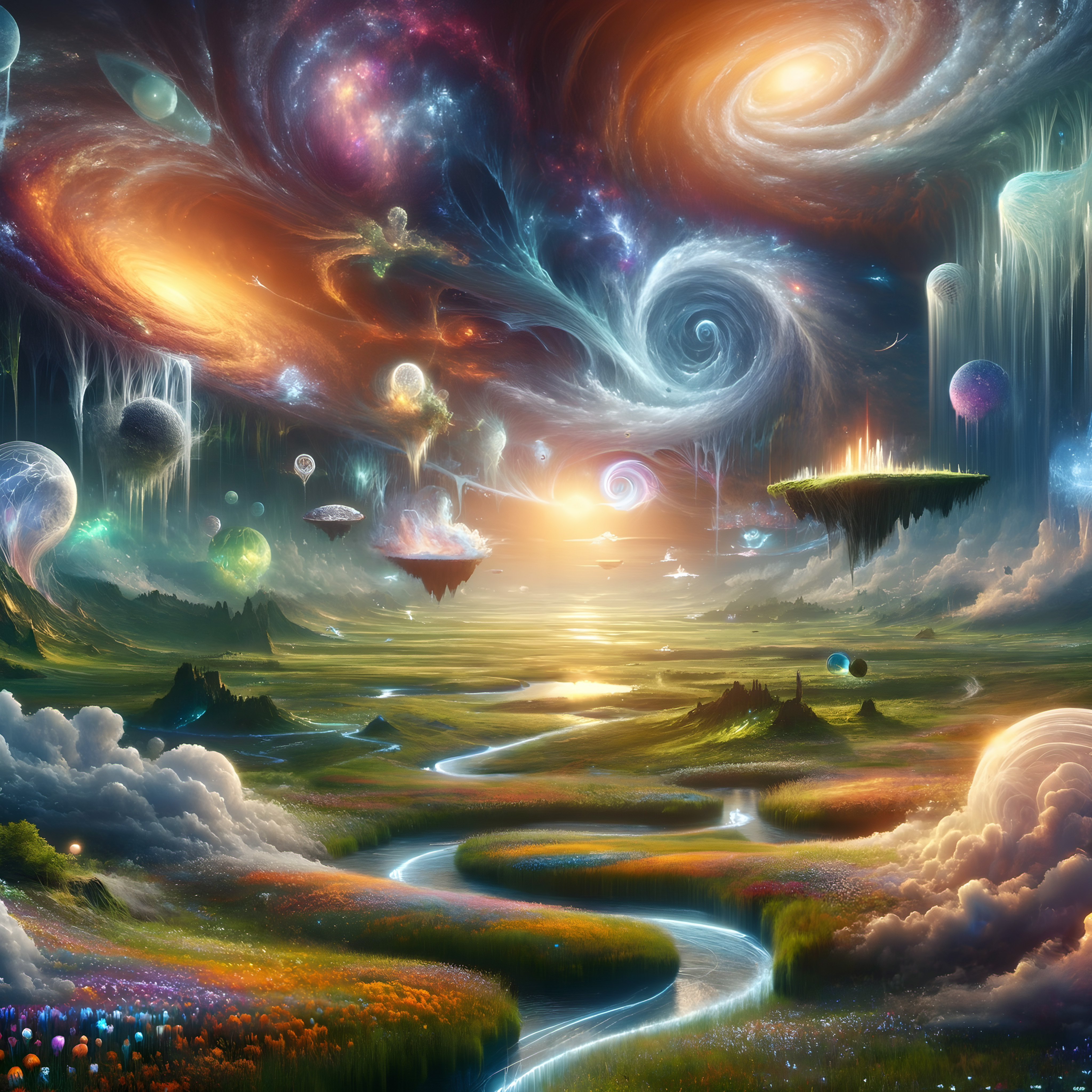 Fantasy landscape with swirling galaxies, planets, and vibrant fields.