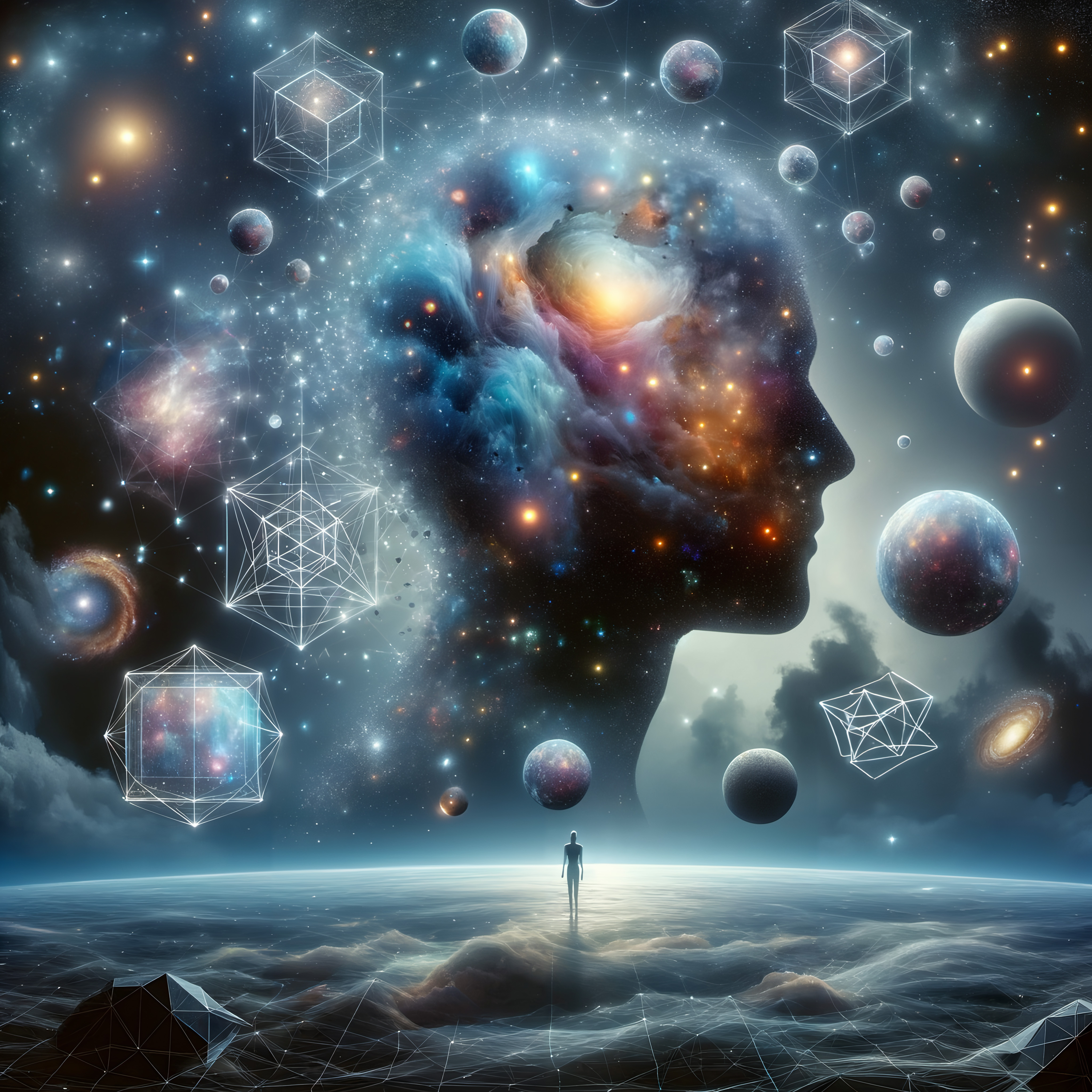 A mystical scene blending human imagination with cosmic wonders, featuring a silhouette filled with galaxies and geometric shapes.
