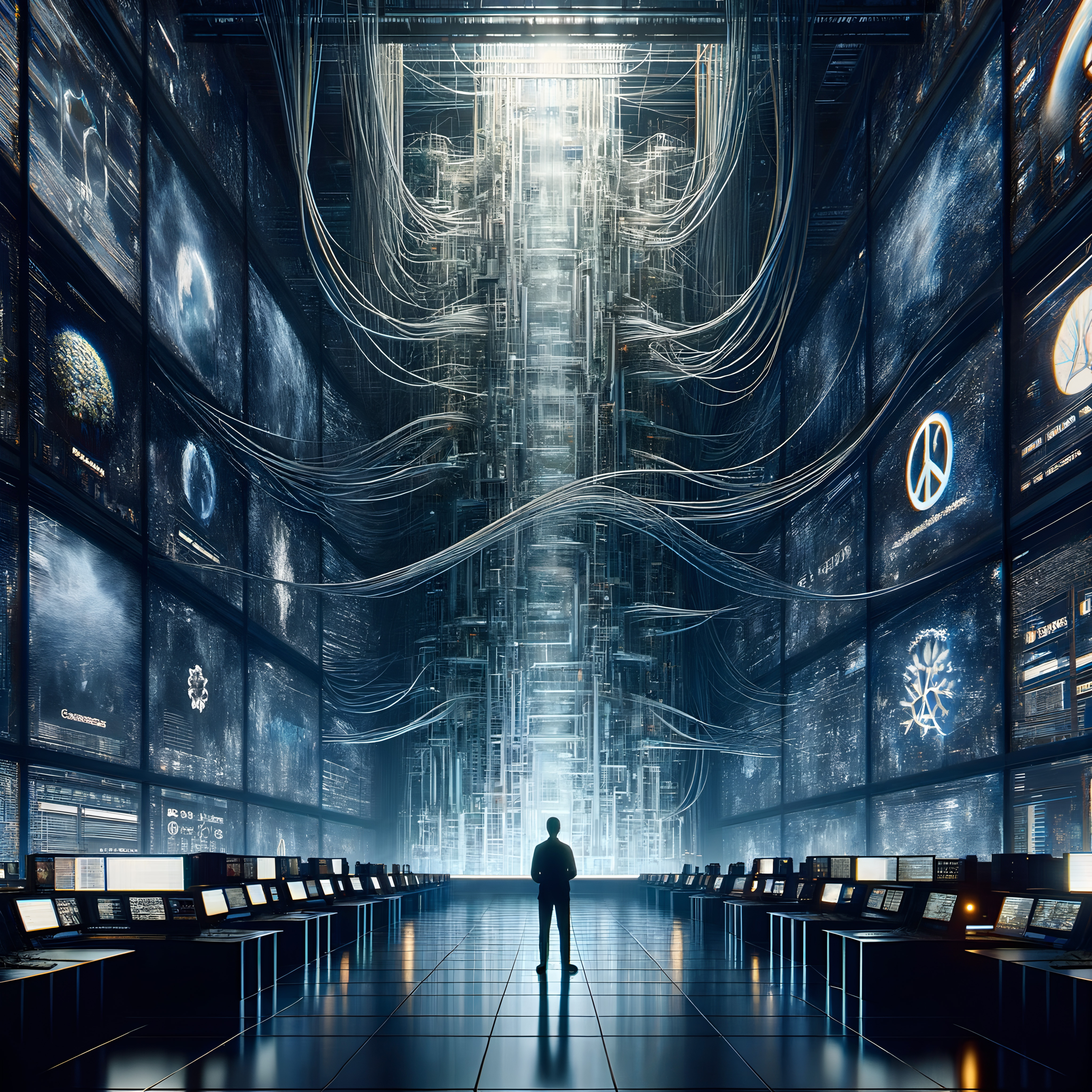 Futuristic data center with towering screens and glowing core, illustrating advanced technology and network complexity.