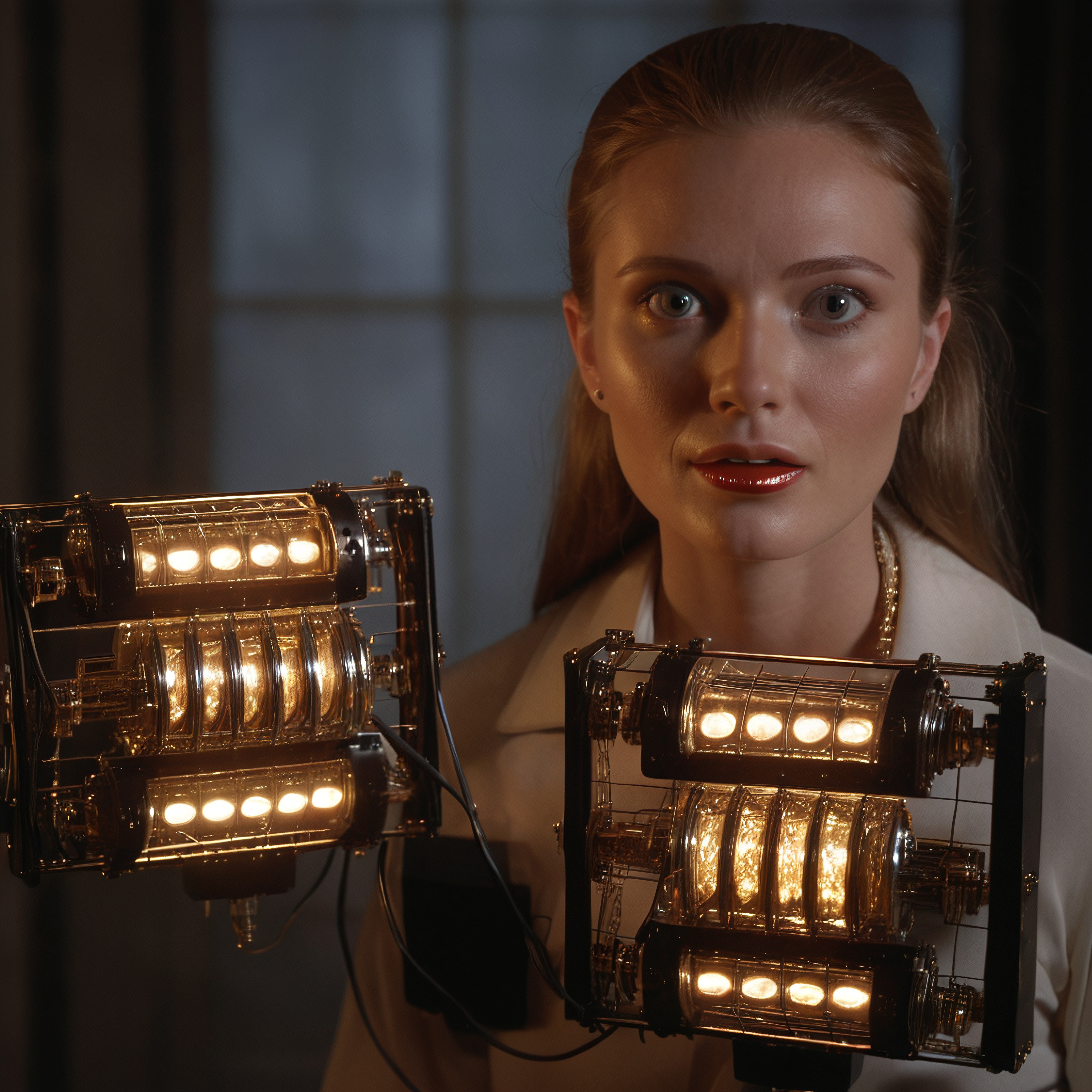 A woman stands with futuristic glowing devices illuminating a dimly lit room, evoking a blend of modern and vintage technology aesthetics.