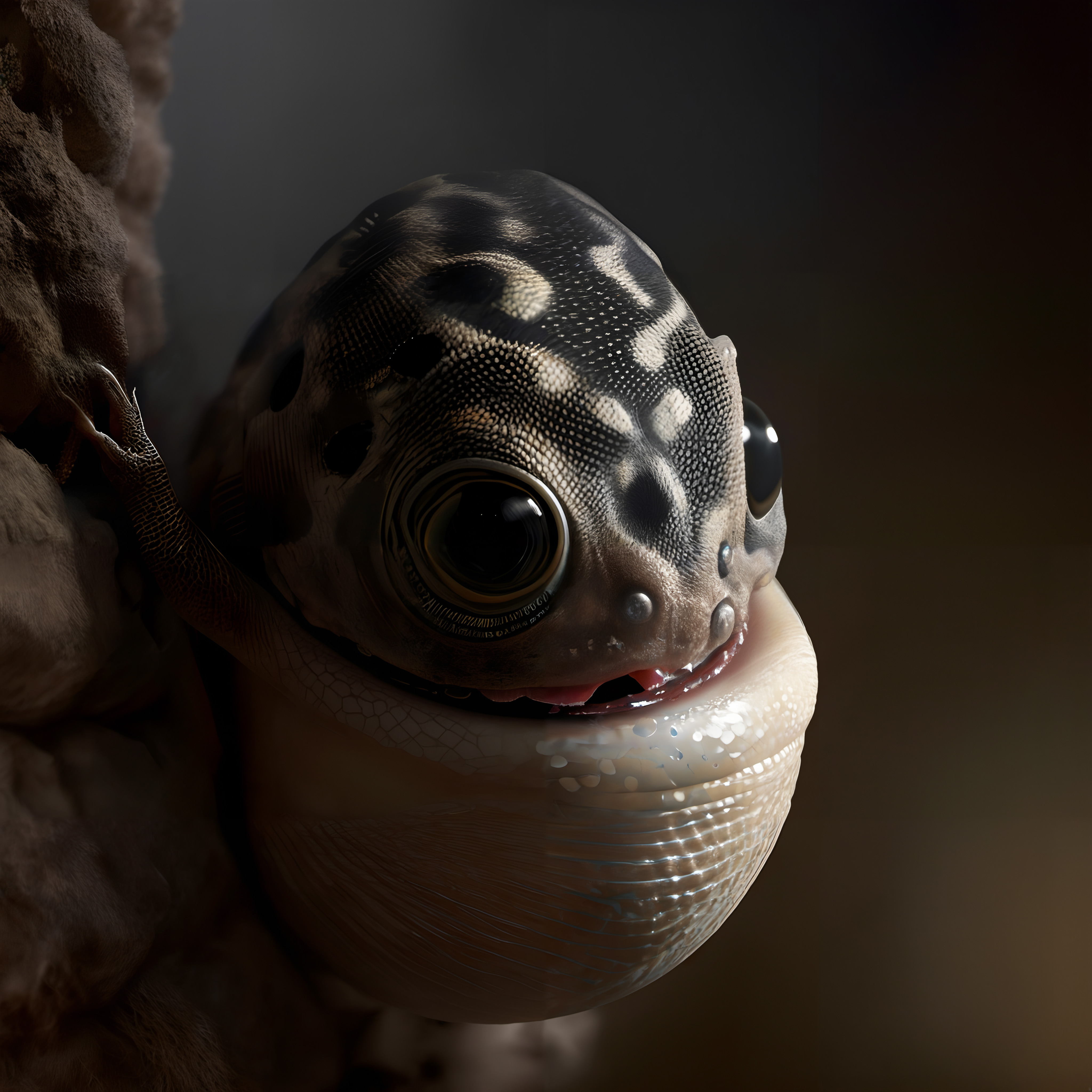 A whimsical creature resembling a blend of reptilian and amphibian features, with spots and large eyes, perched in a dimly lit setting.