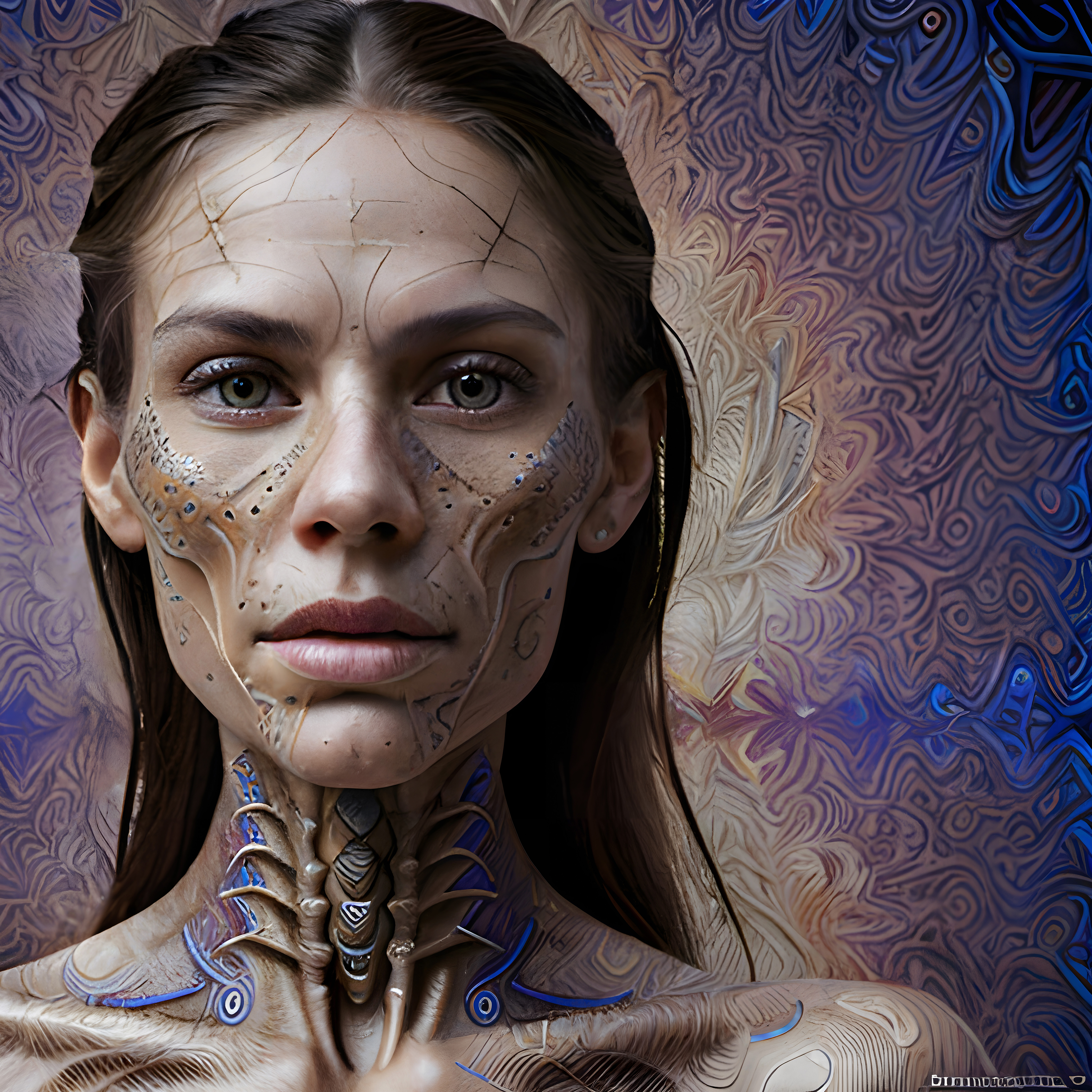 A woman with biomechanical patterns in a futuristic setting.