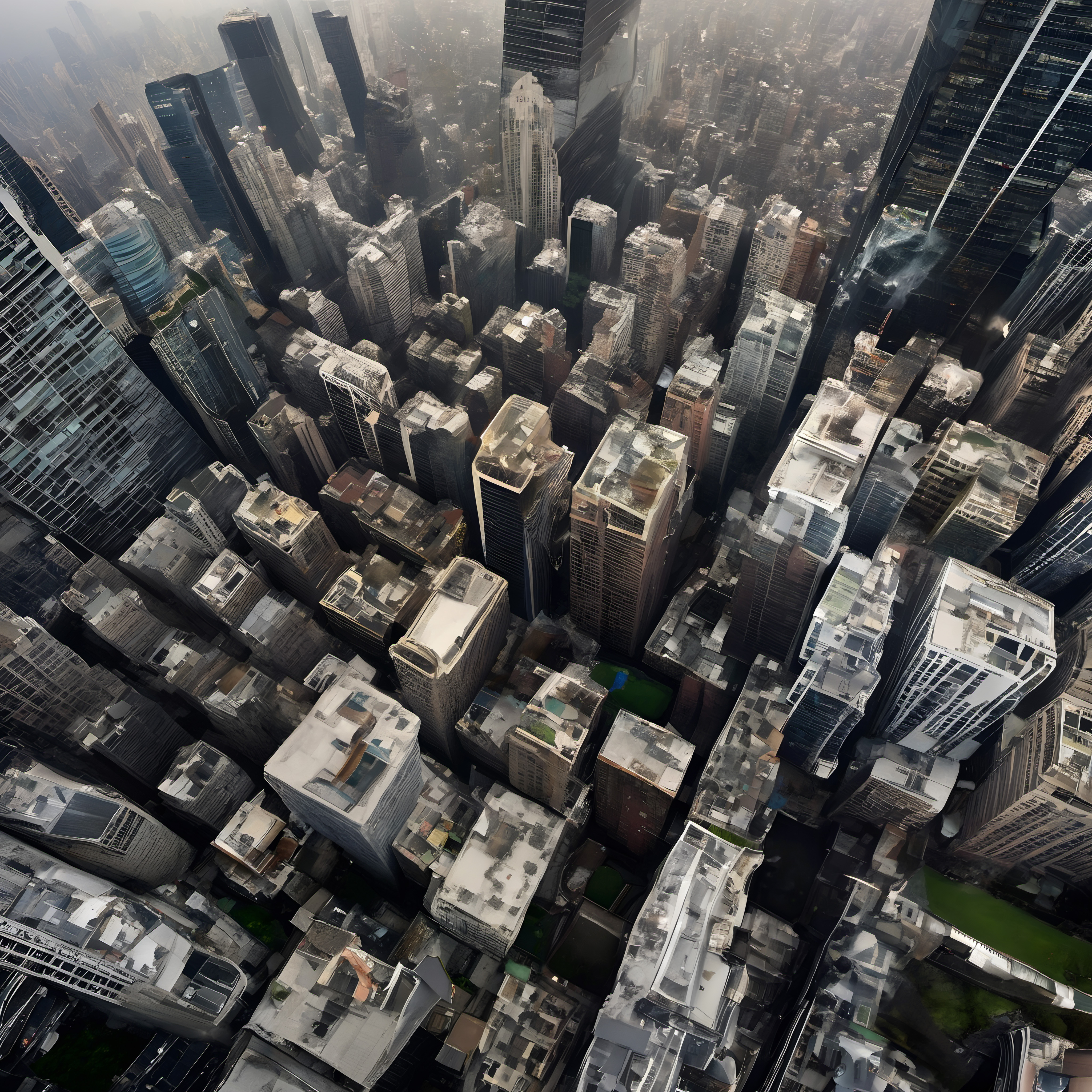A breathtaking aerial view of a dense cityscape with towering skyscrapers and bustling urban life.