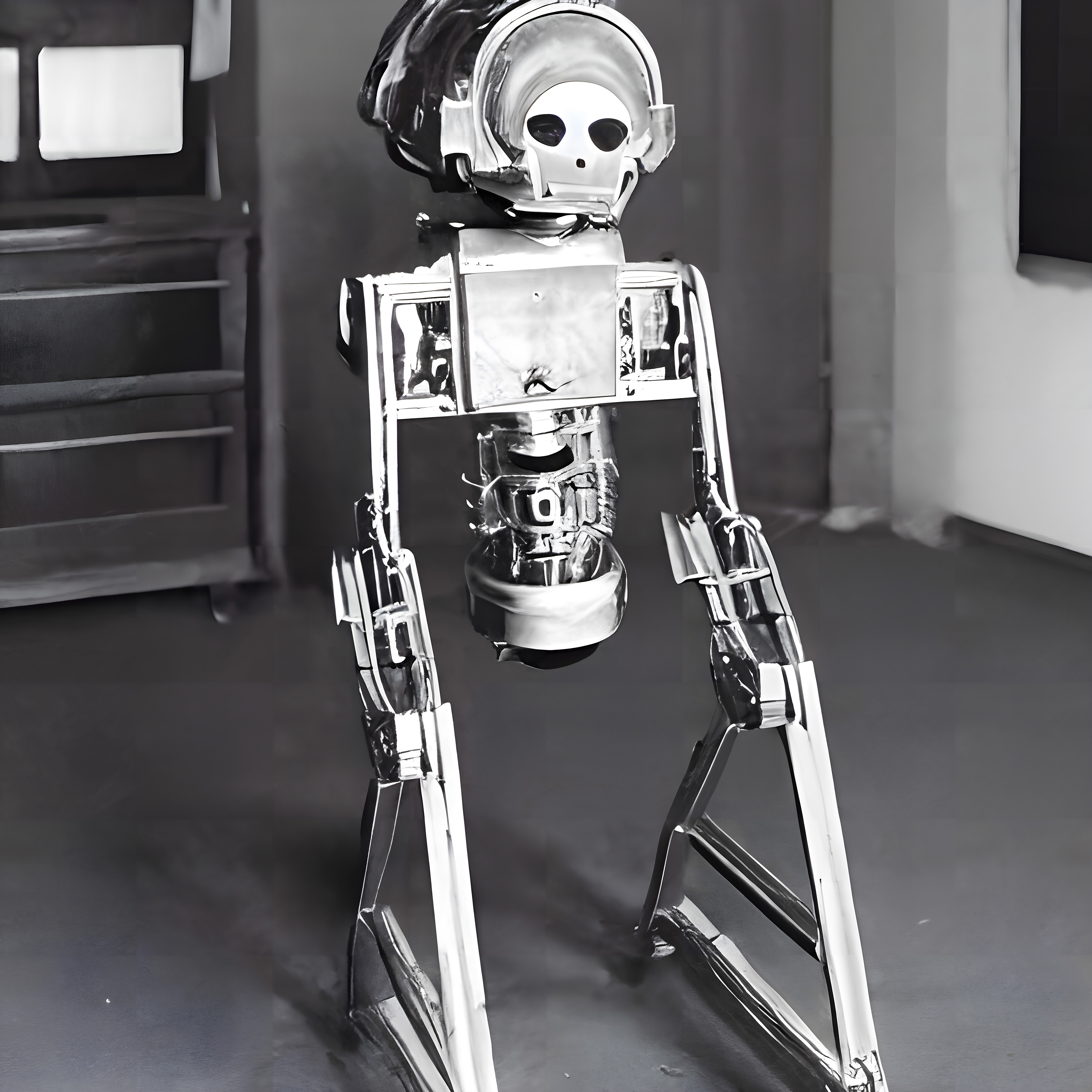 A futuristic metal humanoid robot standing in a workshop.