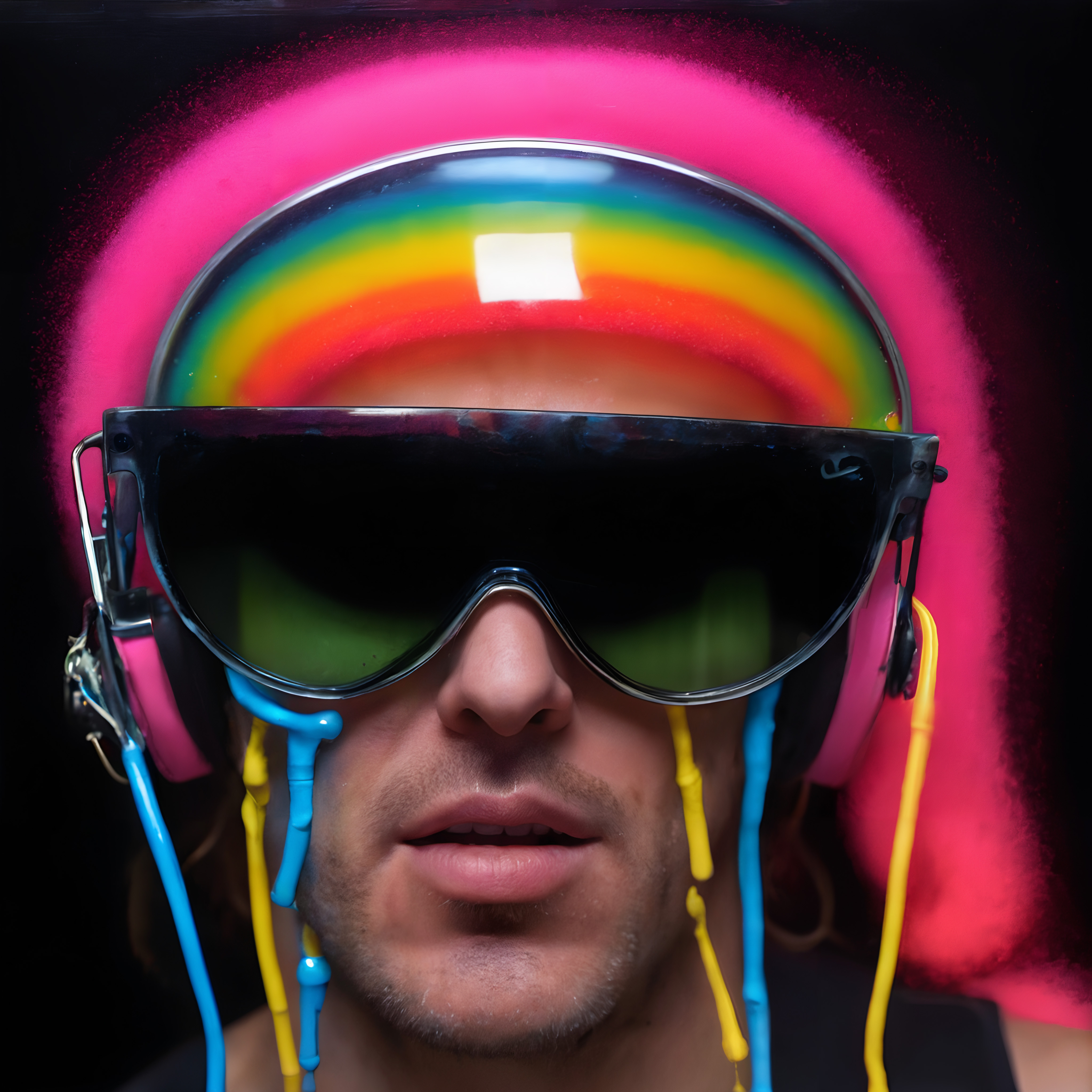 A person in colorful futuristic attire with neon sunglasses, headphones, and a rainbow helmet against a dark background.