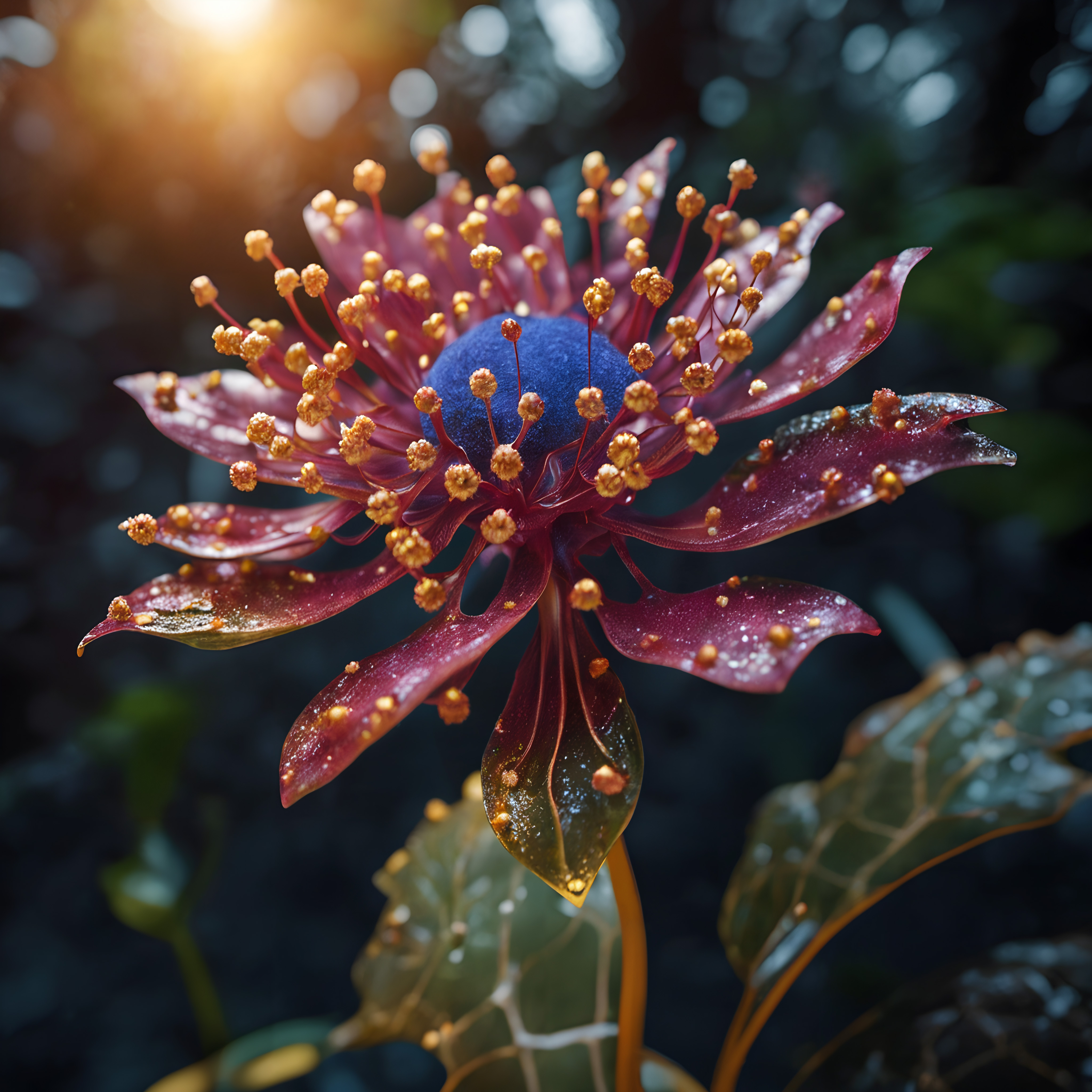 A vibrant and luminous fantasy flower with red and blue hues, adorned by golden stamens in a sunlit garden.