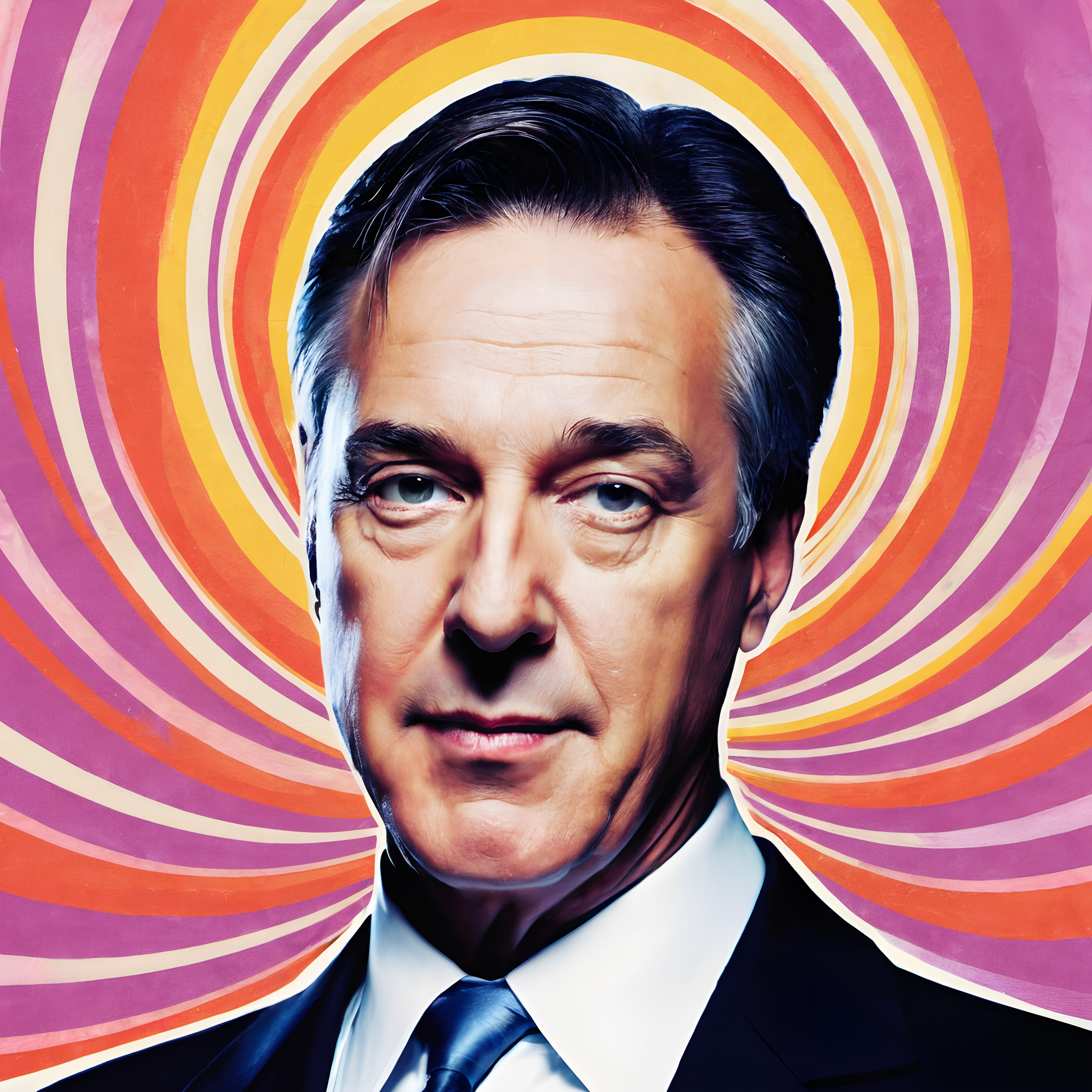 A man in a suit stands against a vibrant swirl background.