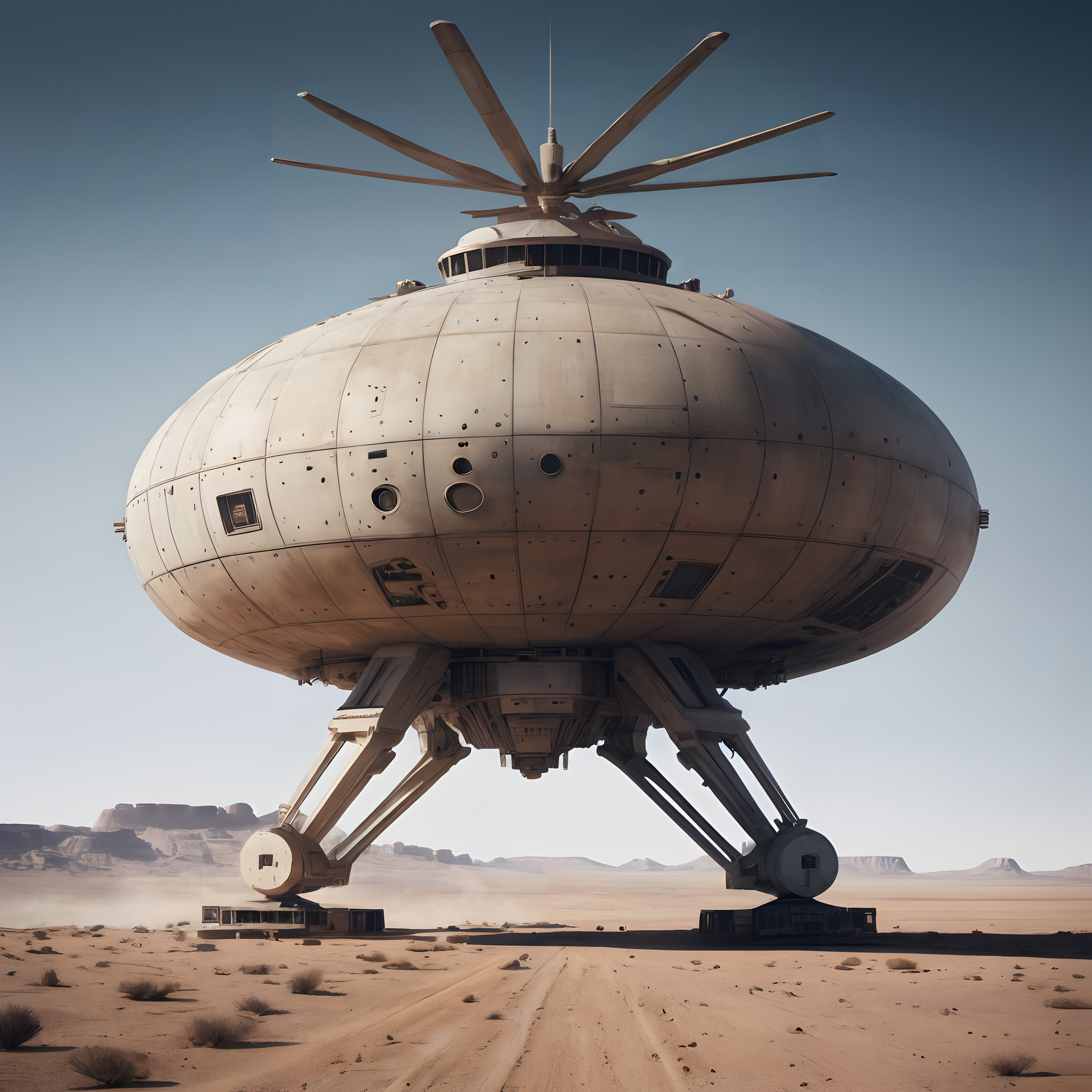 Futuristic spherical spaceship in a barren desert landscape.