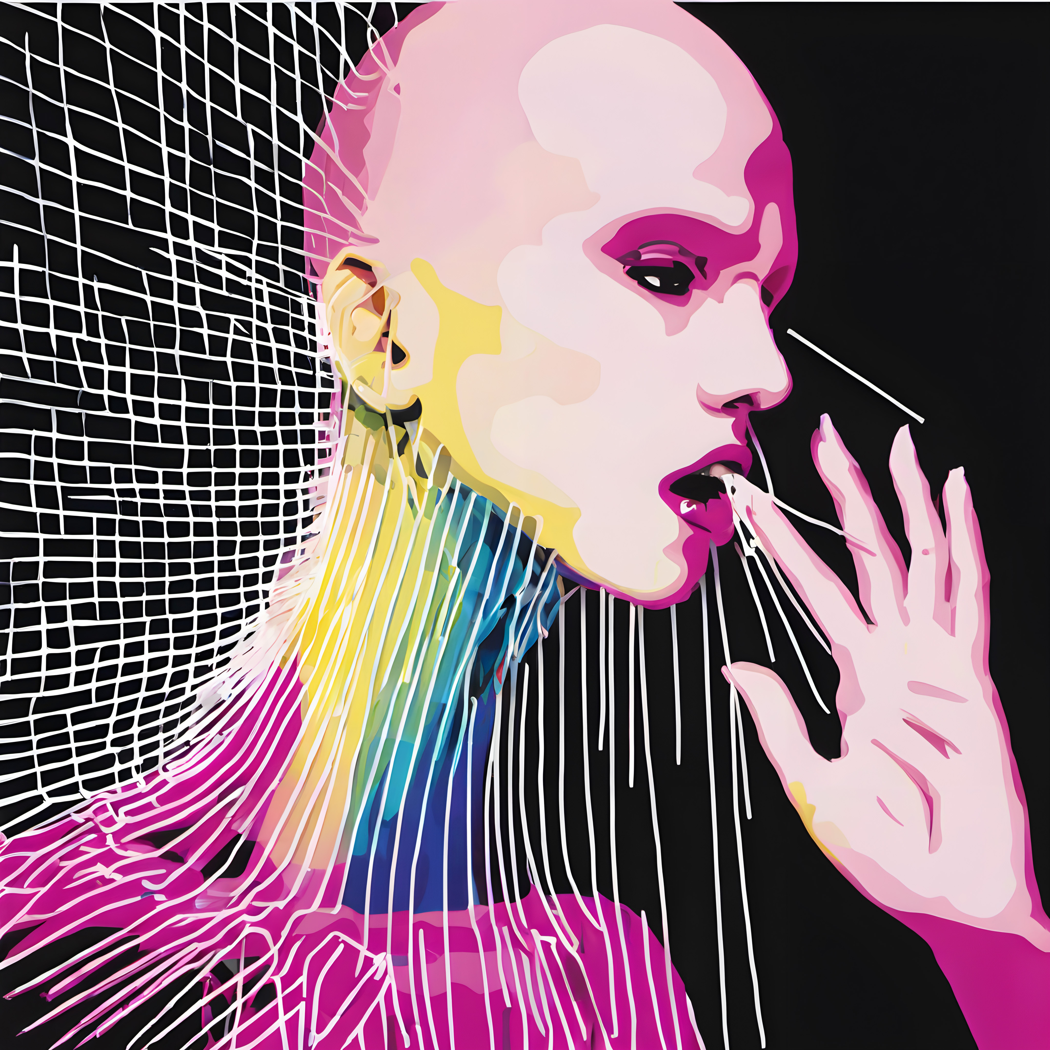 Digital artwork of a stylized human figure with vibrant colors and abstract lines on a black background.