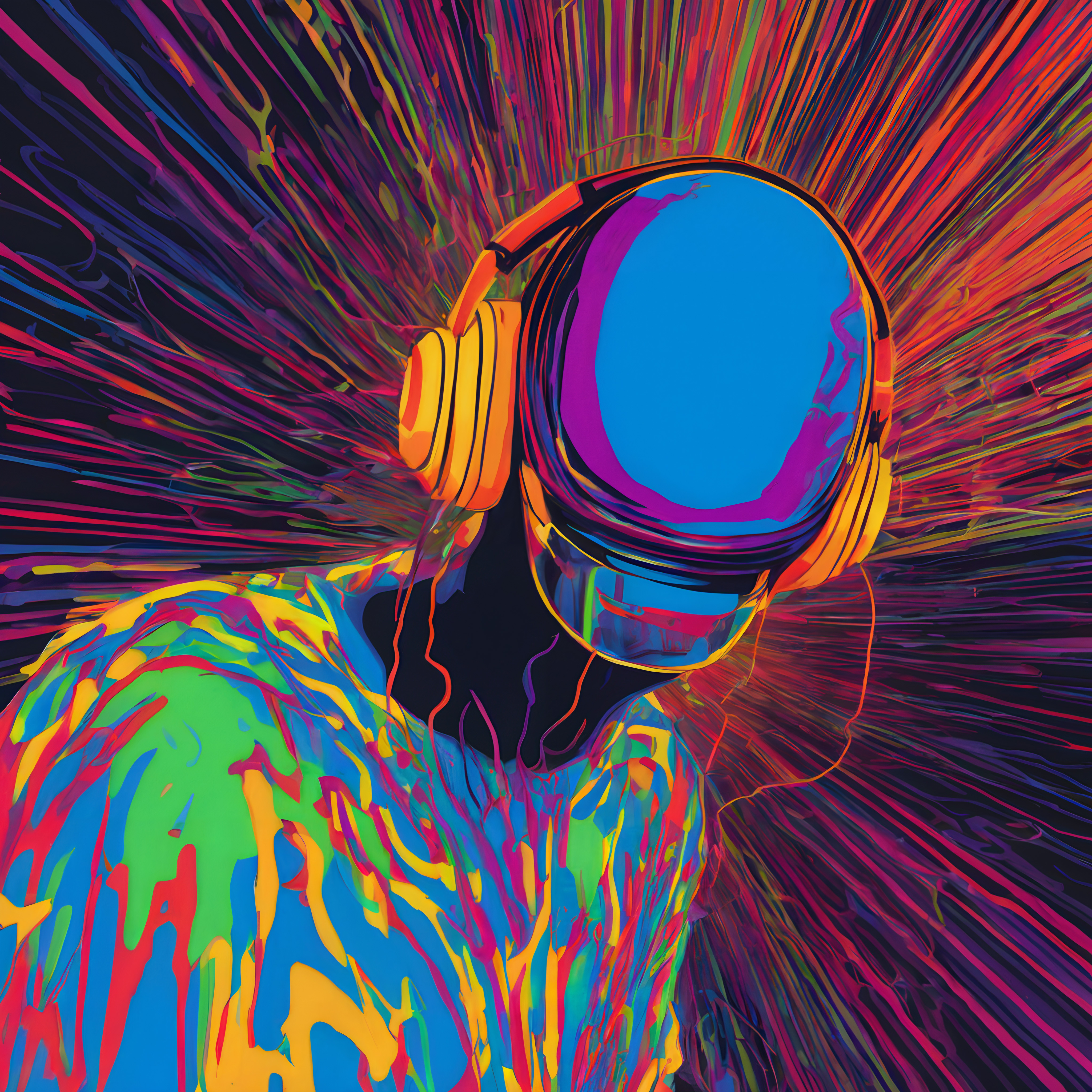 Futuristic figure with colorful headphones amidst vibrant streaks, creating an energetic, abstract visual of music and rhythm.