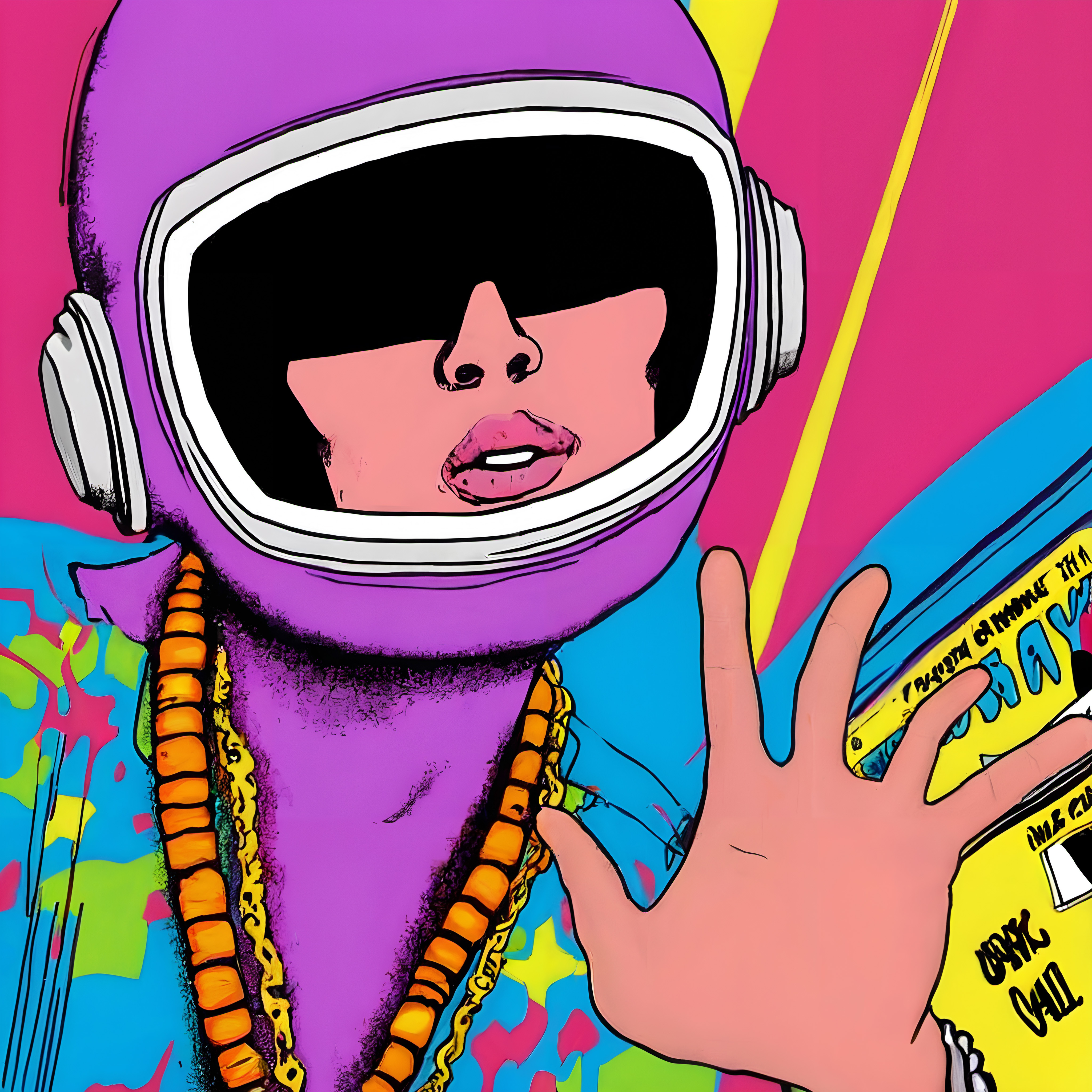 A vibrant pop art illustration features a person in a purple helmet and beads against a colorful psychedelic background.