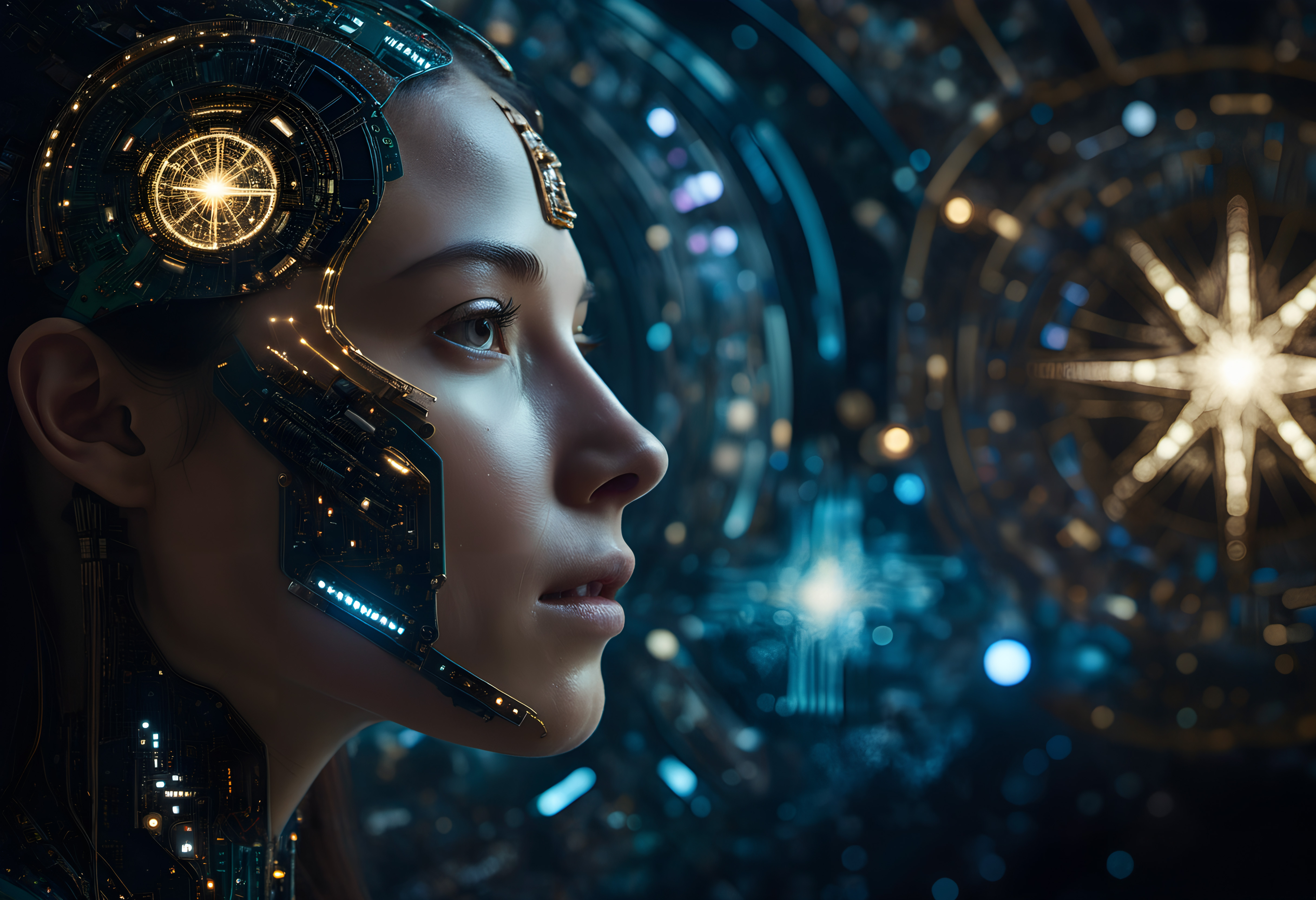 A futuristic, cybernetic human with illuminated circuits in a cosmic setting.
