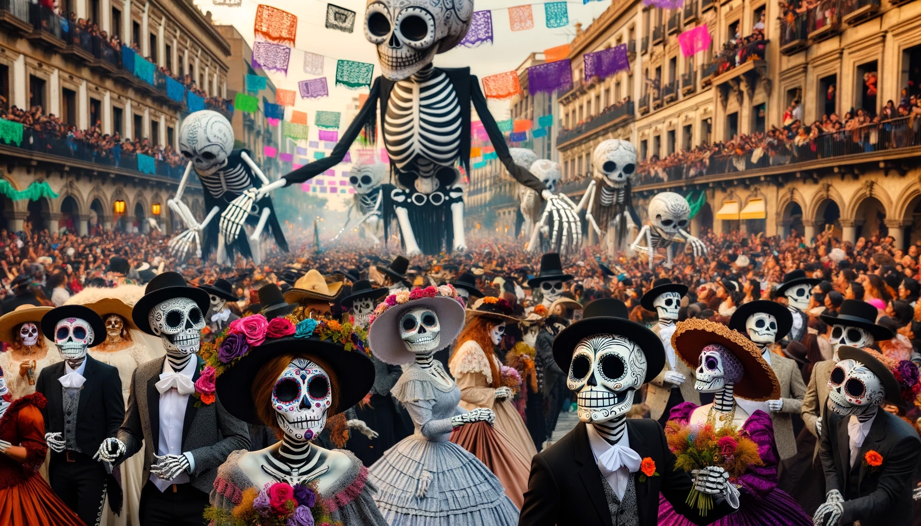 A colorful Day of the Dead parade features elegantly dressed participants in skeleton makeup.