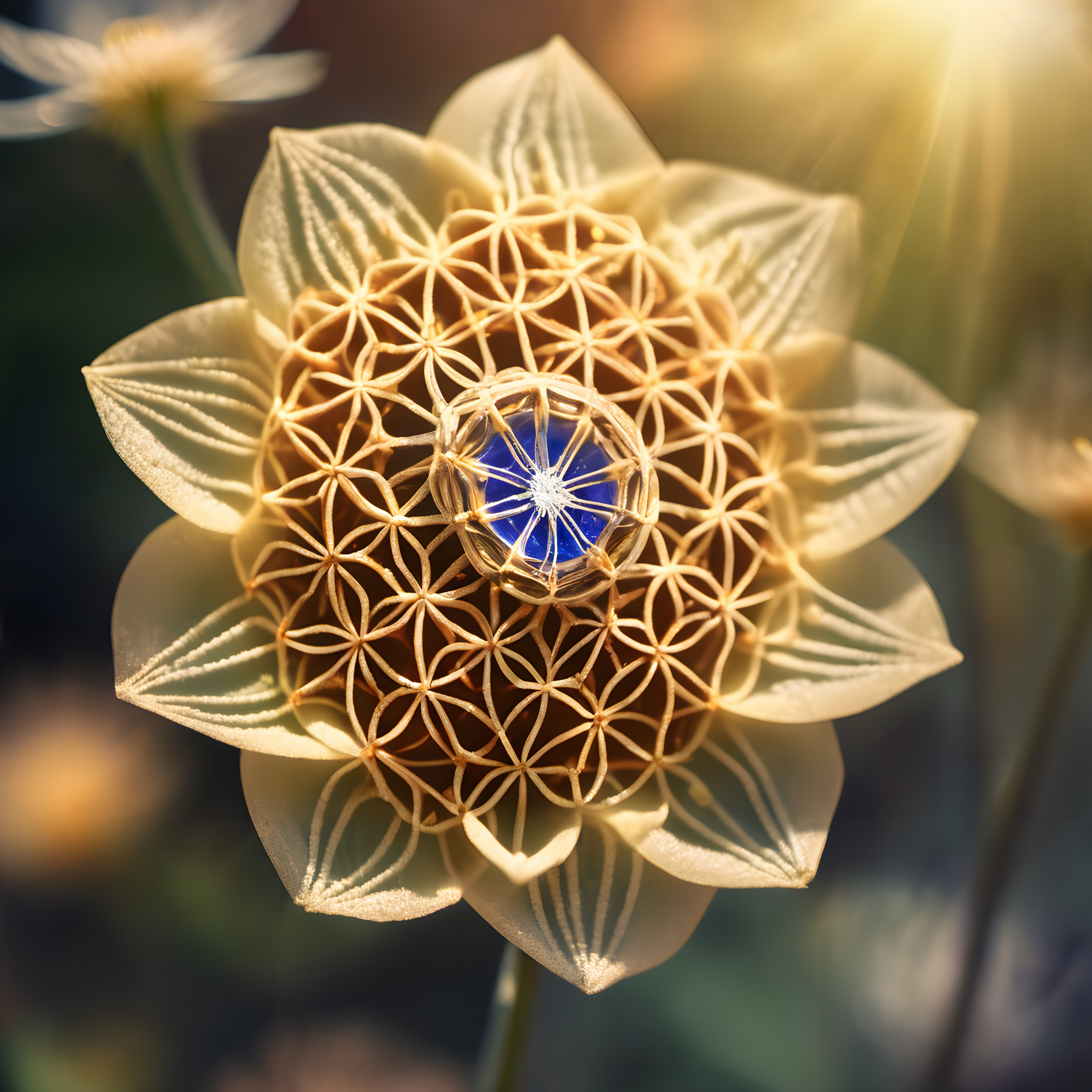 A detailed artistic flower with geometric patterns and vibrant colors in sunlight.