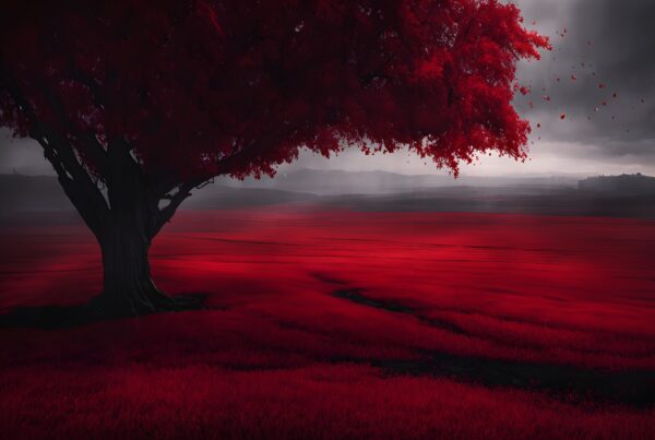 Vibrant crimson tree against cloudy sky.