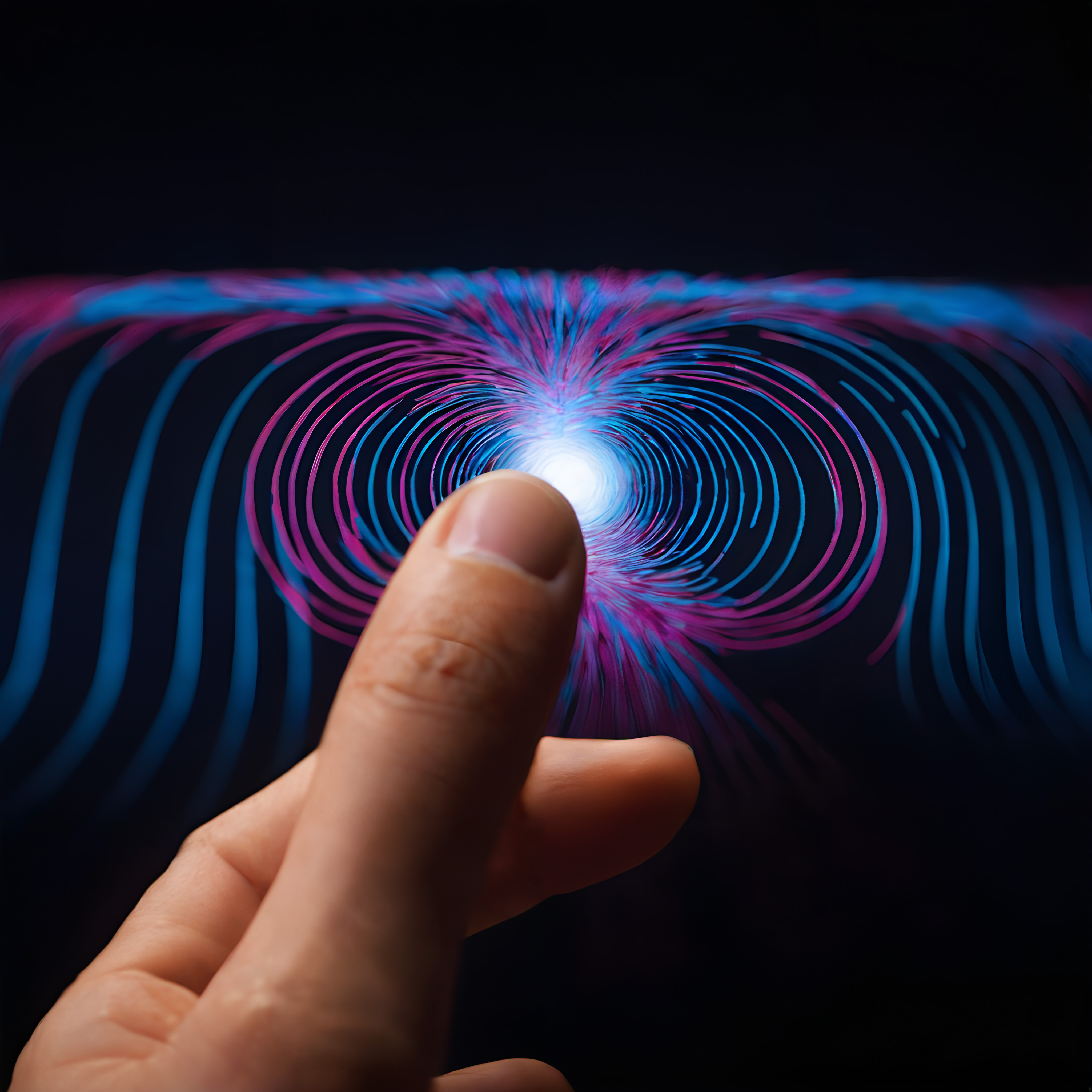 A finger reaches towards a glowing center surrounded by colorful magnetic field lines on a black background.