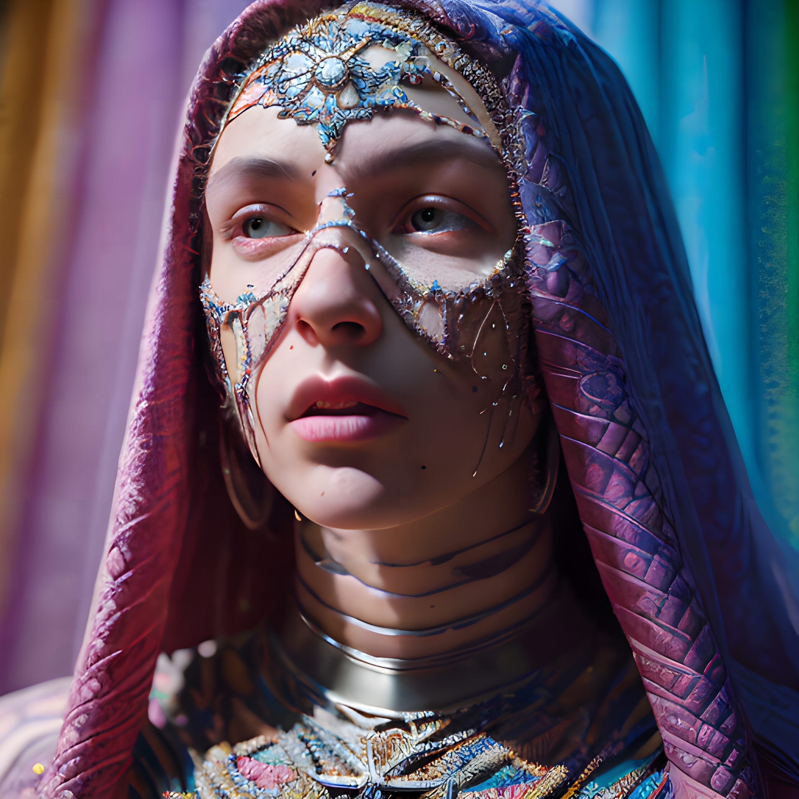 A person adorned with intricate jeweled facial ornament and purple headscarf, evoking elegance and mystique.