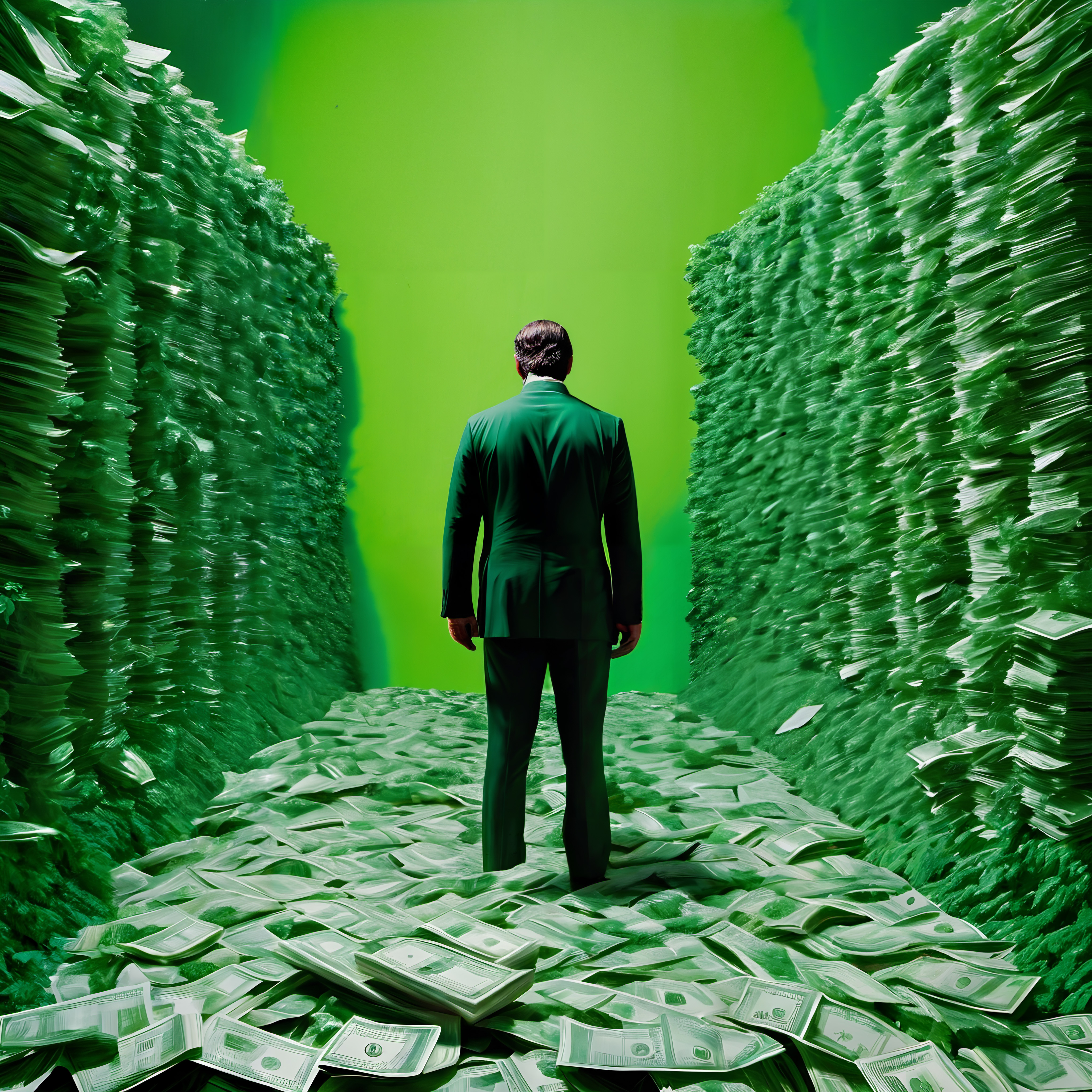 A man in a green suit stands surrounded by towering stacks of money in a vibrant green room, symbolizing immense wealth.