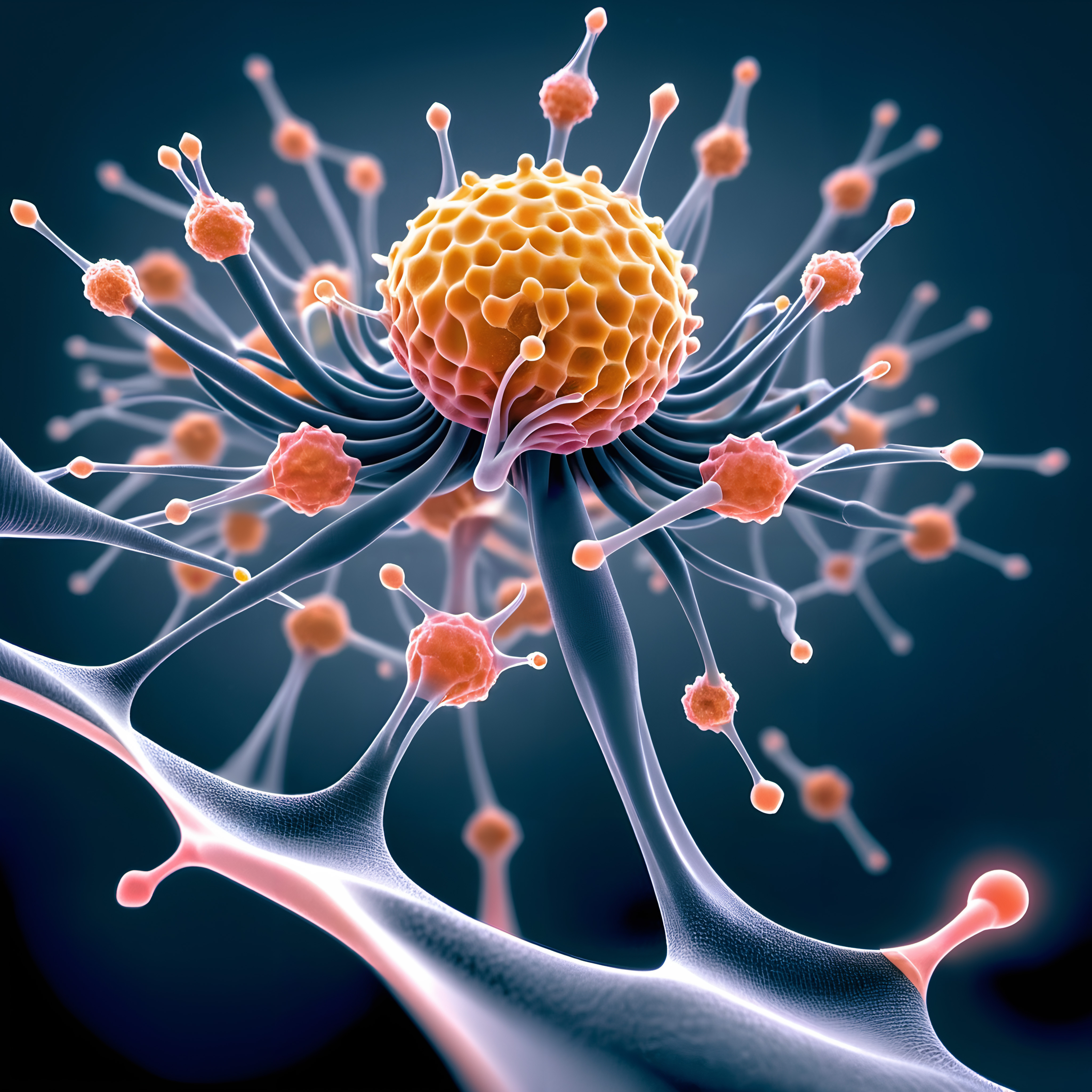 Abstract biological structure with central orange sphere, blue radiating tendrils, and pink spheres.