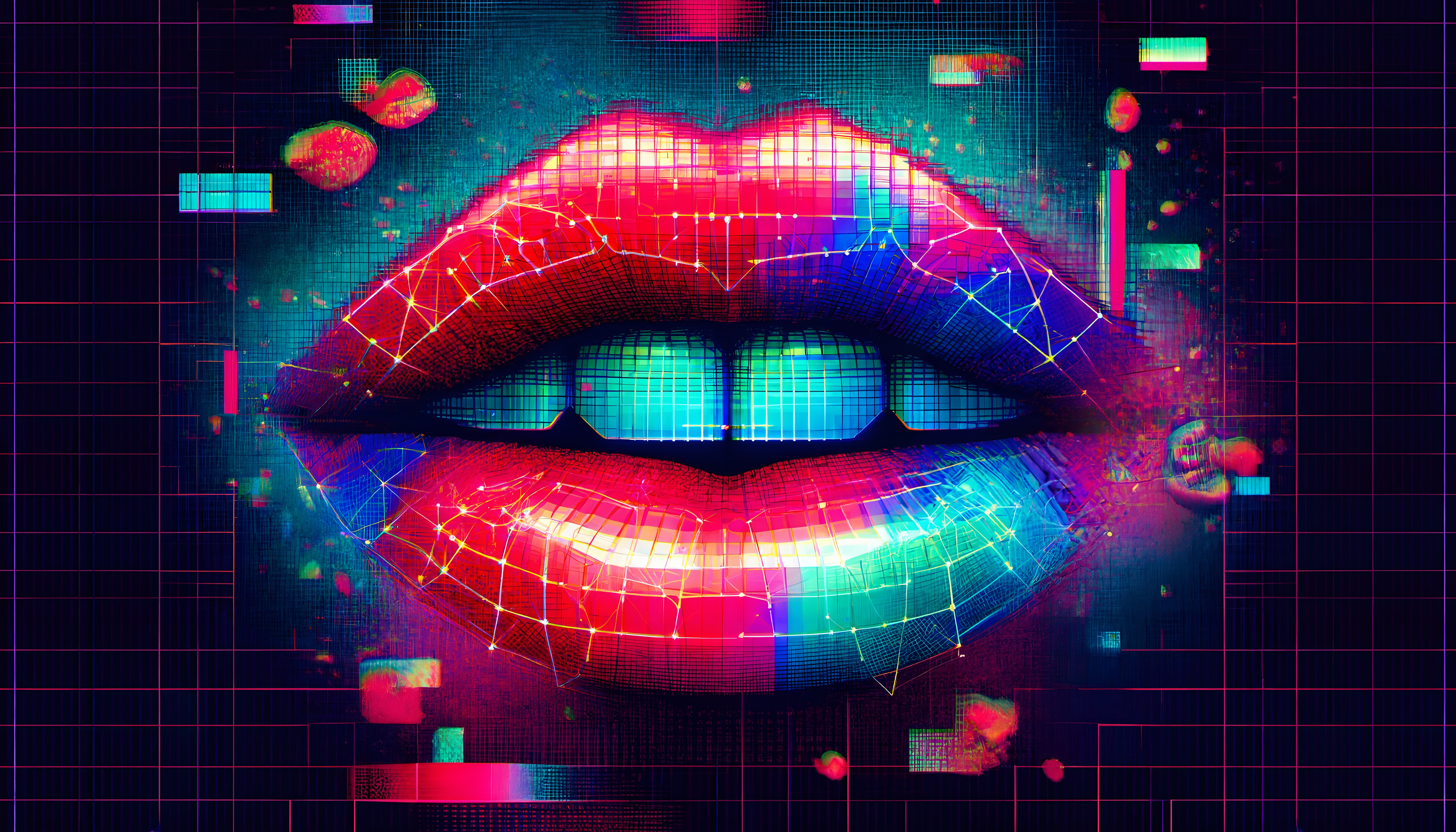 A close-up of stylized lips in neon cyberpunk digital art.