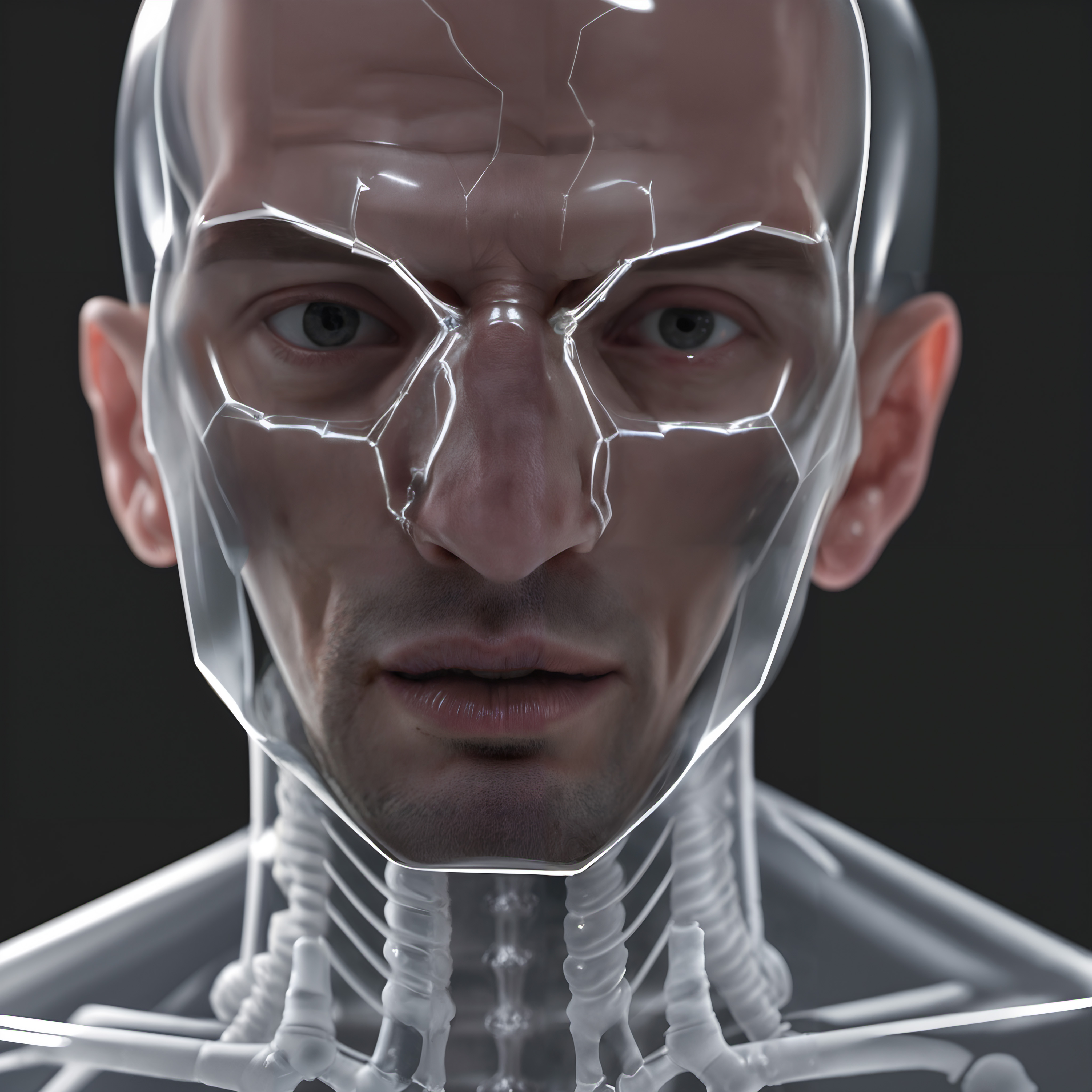 A man with a translucent exoskeleton displaying futuristic enhancements on his face and neck.