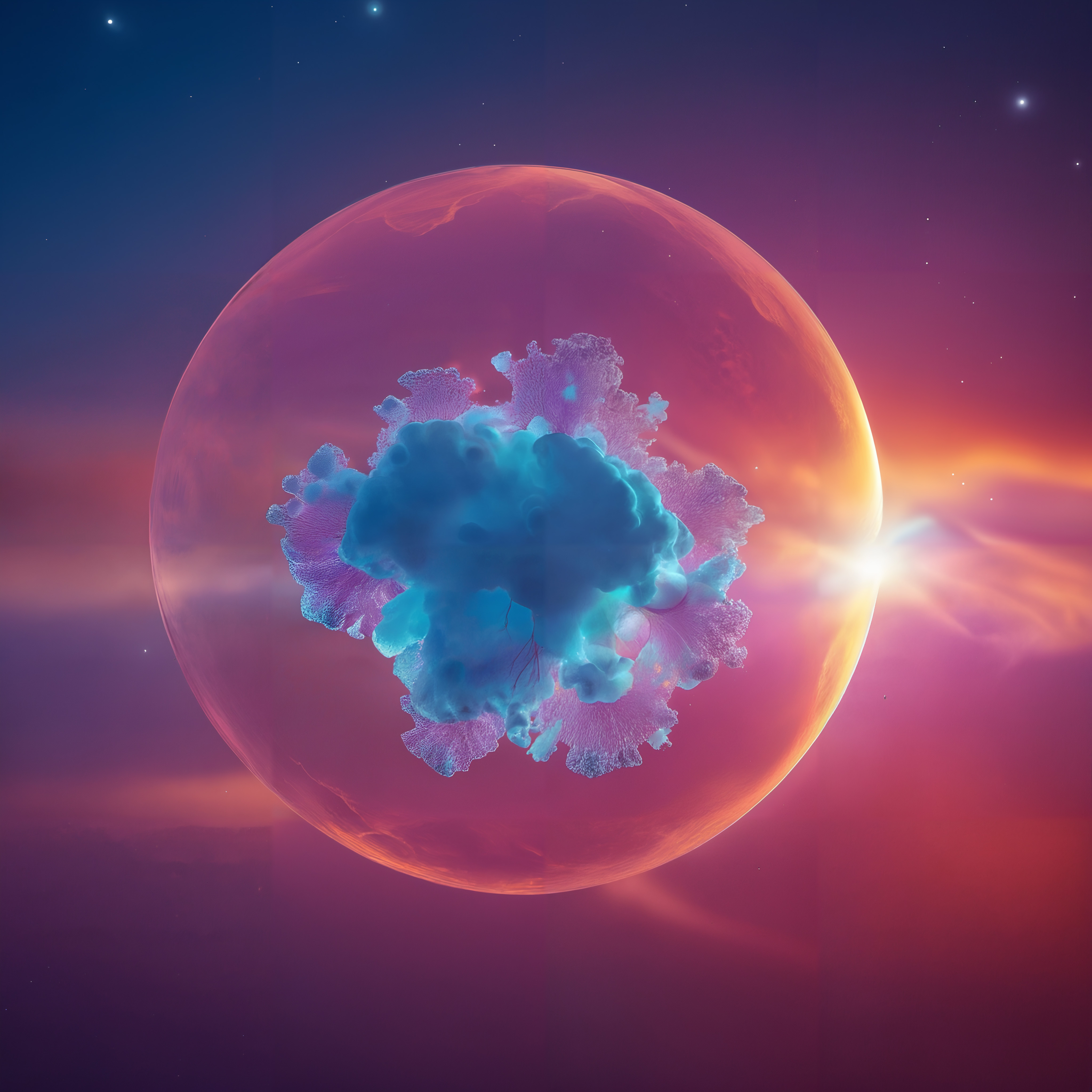 A vibrant nebula encased in a translucent cosmic sphere against a colorful starry sky.
