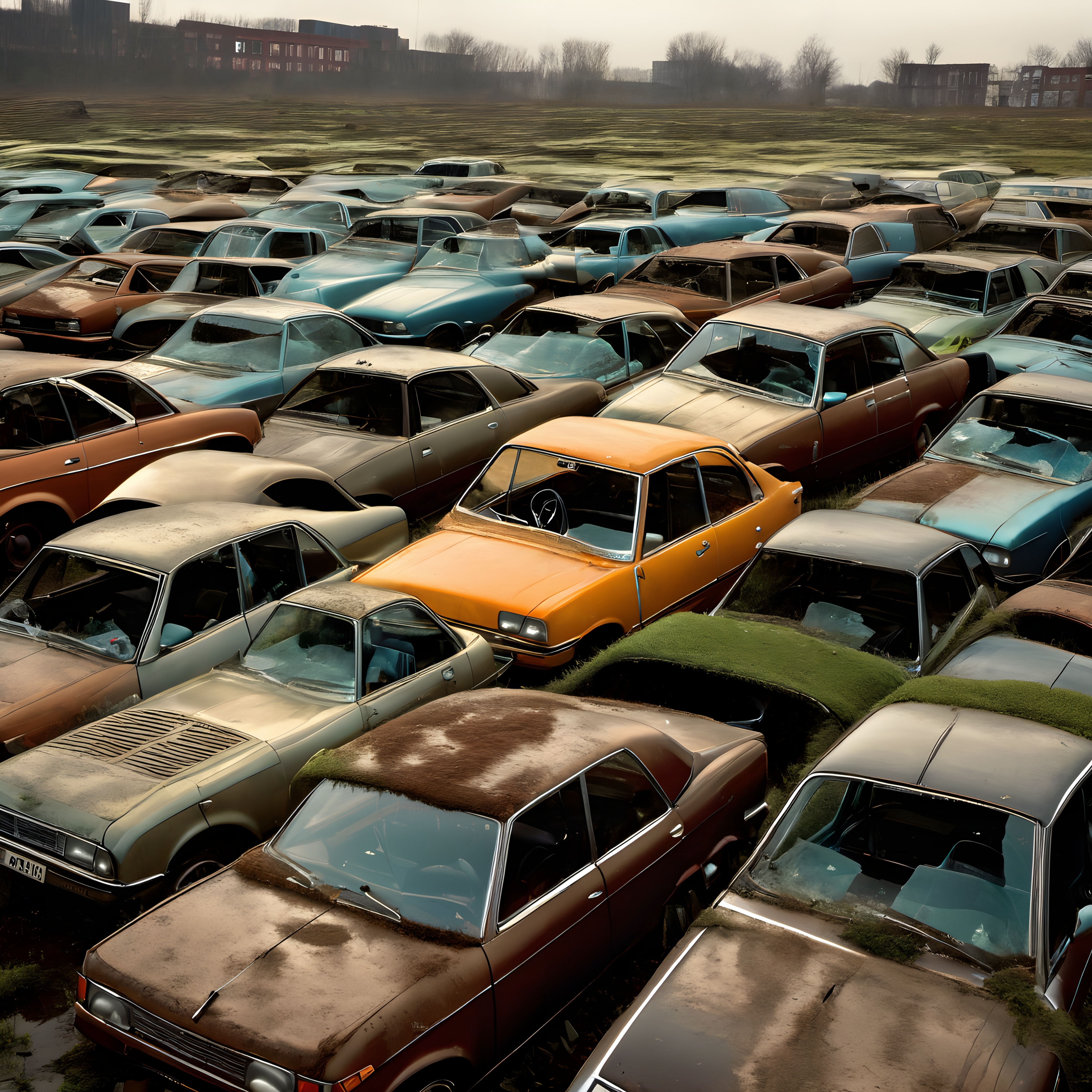 Eerie Vintage Car Cemetery Scene