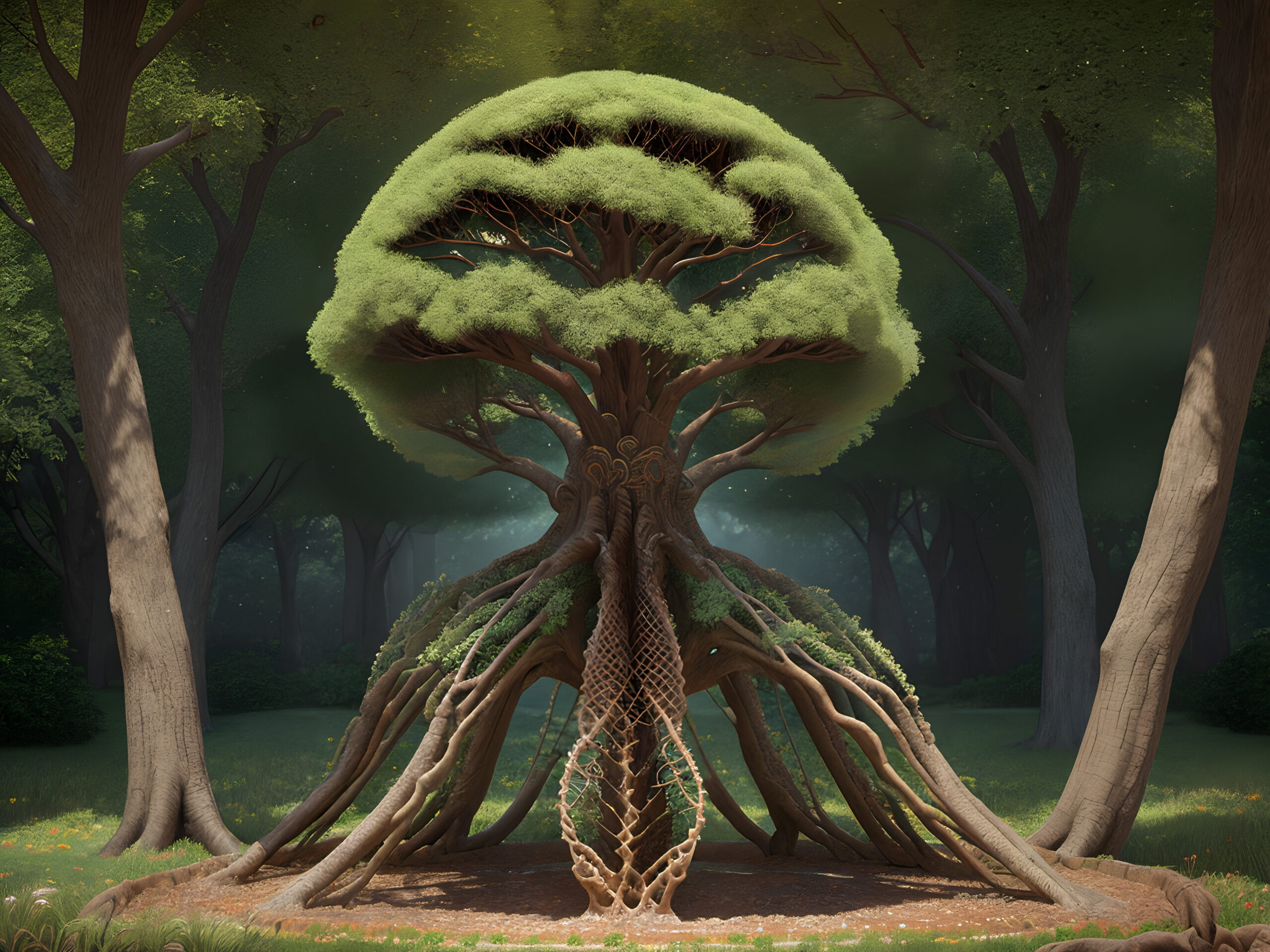 Enchanted Tree with Exposed Roots in Lush Forest
