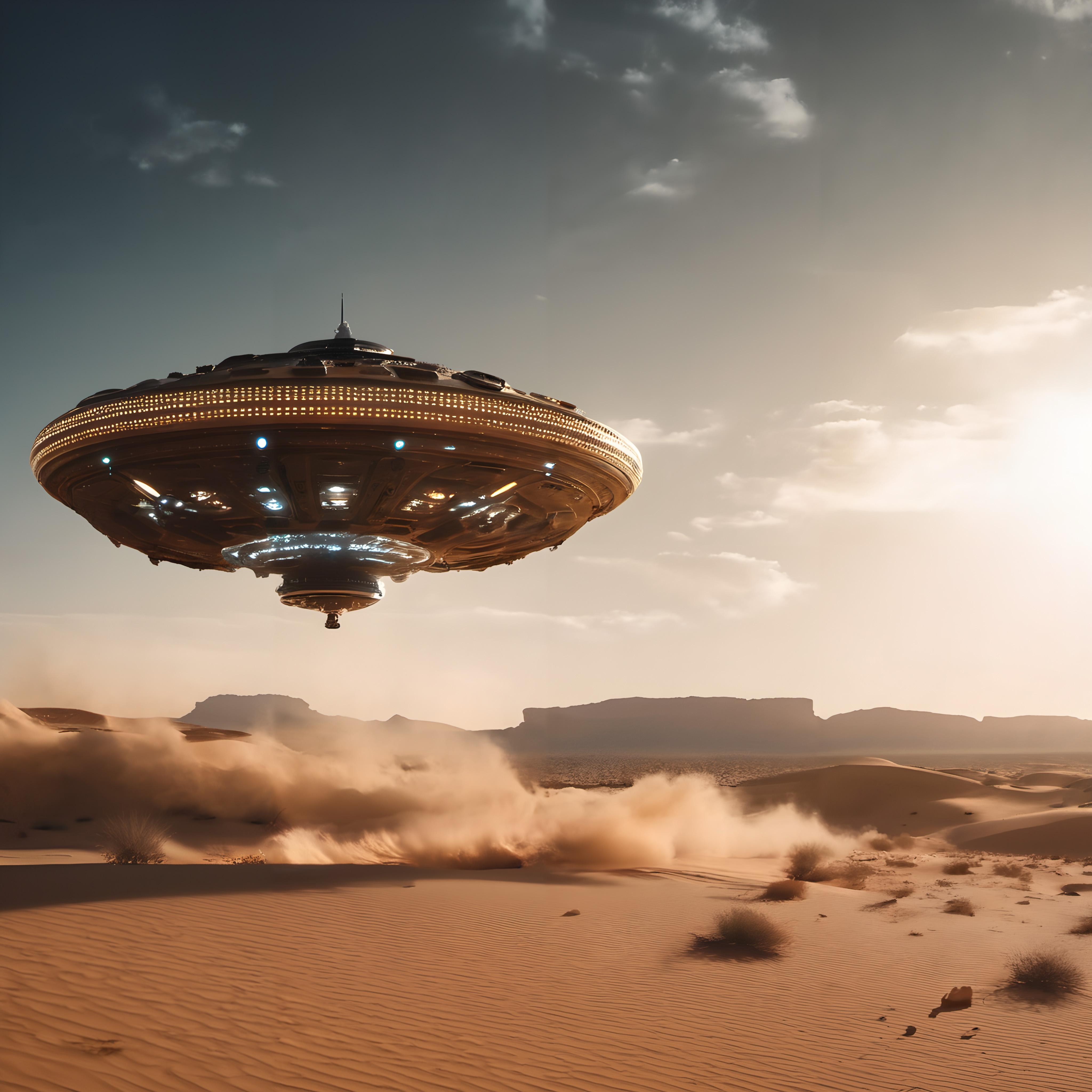 A UFO hovers over a desert landscape during sunset, casting shadows on the dunes.