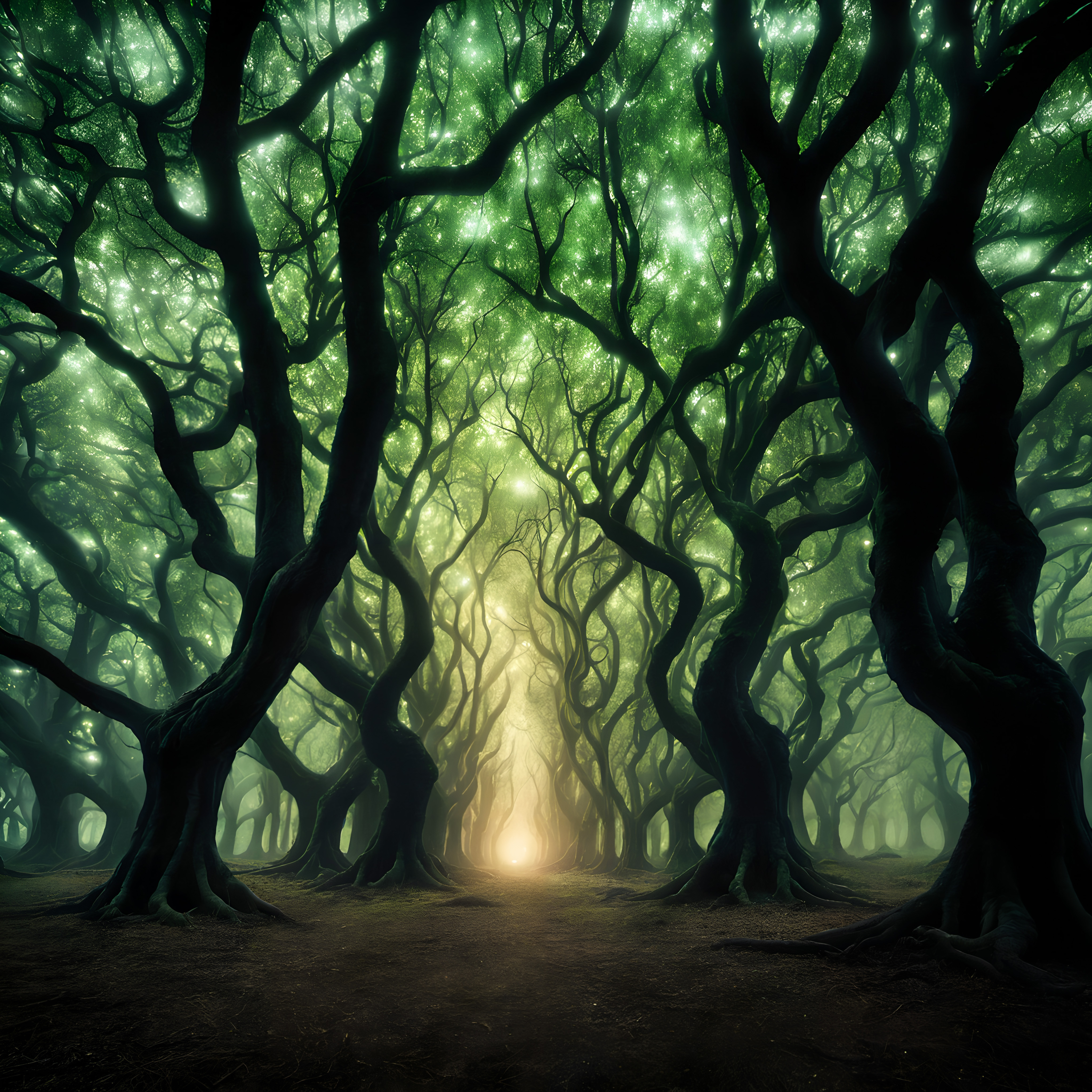 Beautiful forest with twisted trees and glowing light.