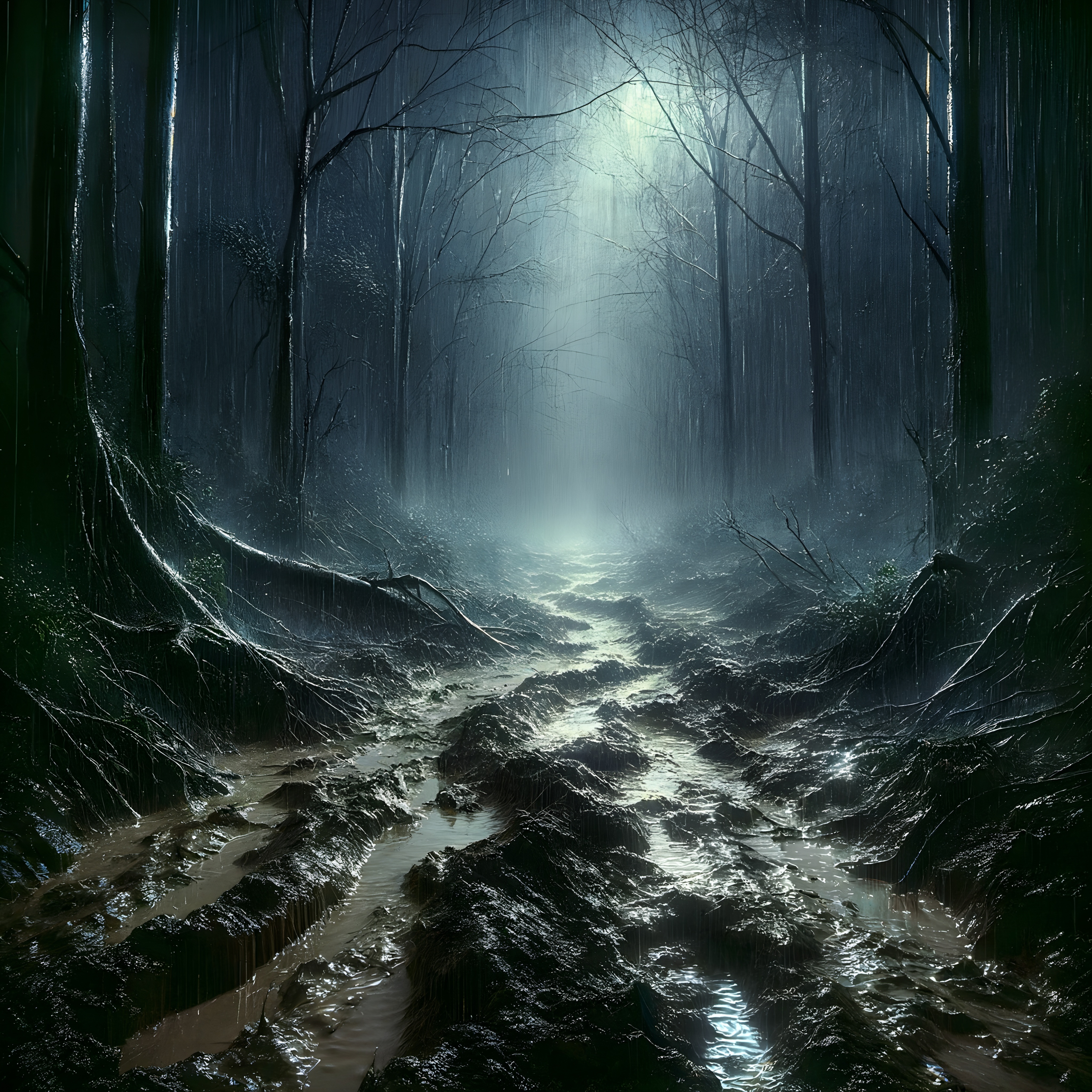 Spooky Forest Path in Mist