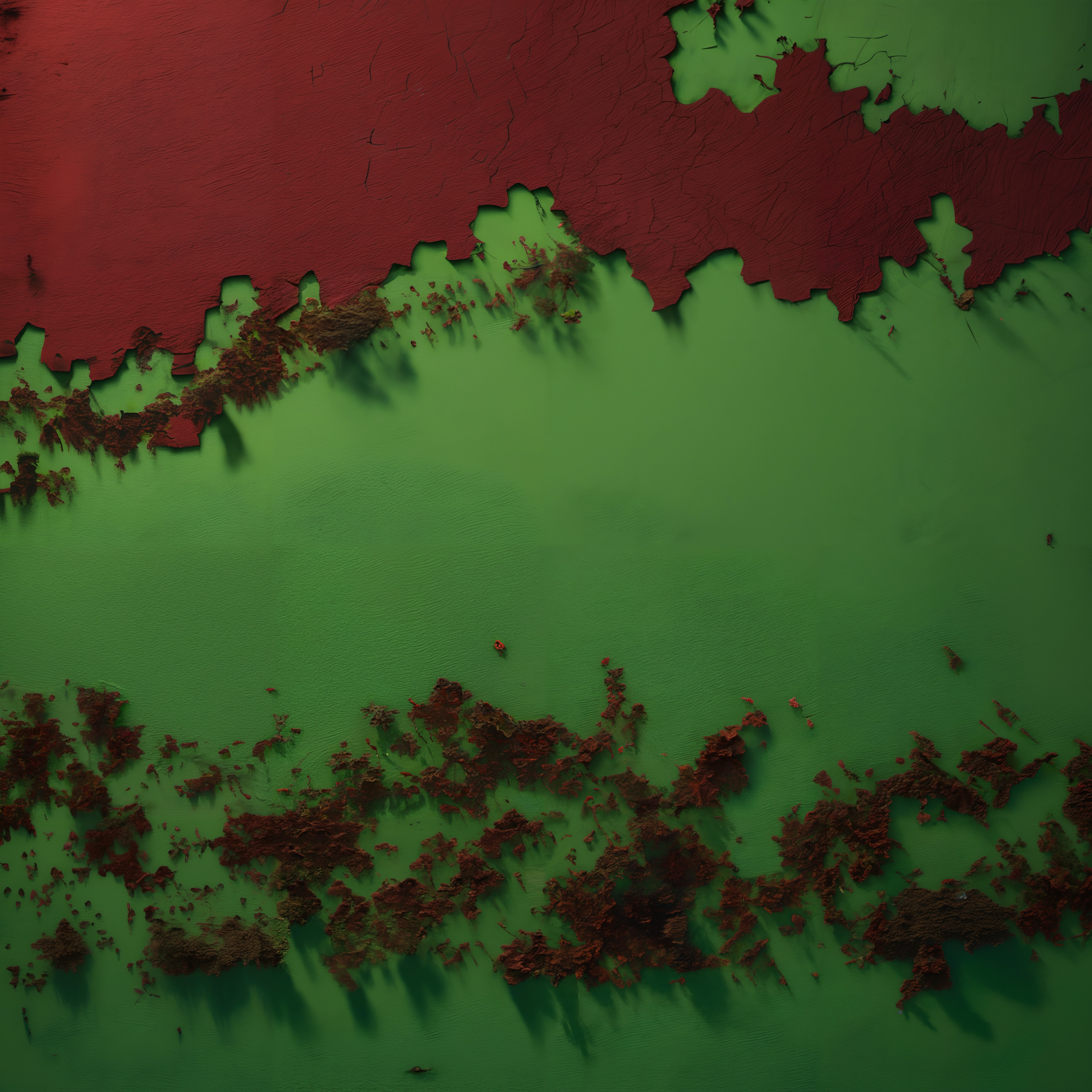 Abstract aerial view with contrasting red and green textures, illustrating environmental changes and artistic elements.