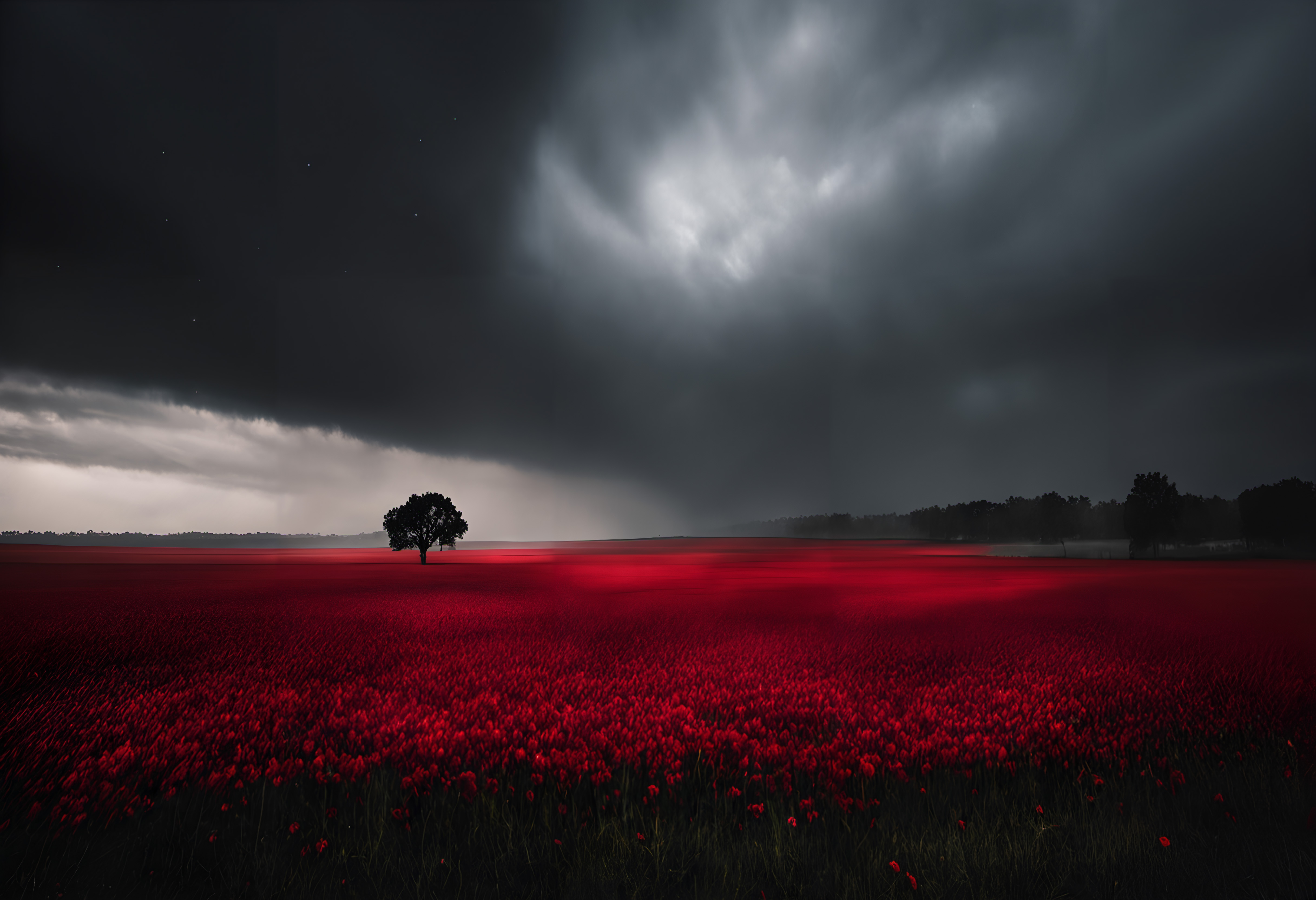 A lone tree stands in a vast, vivid red flower field under a dramatic sky.