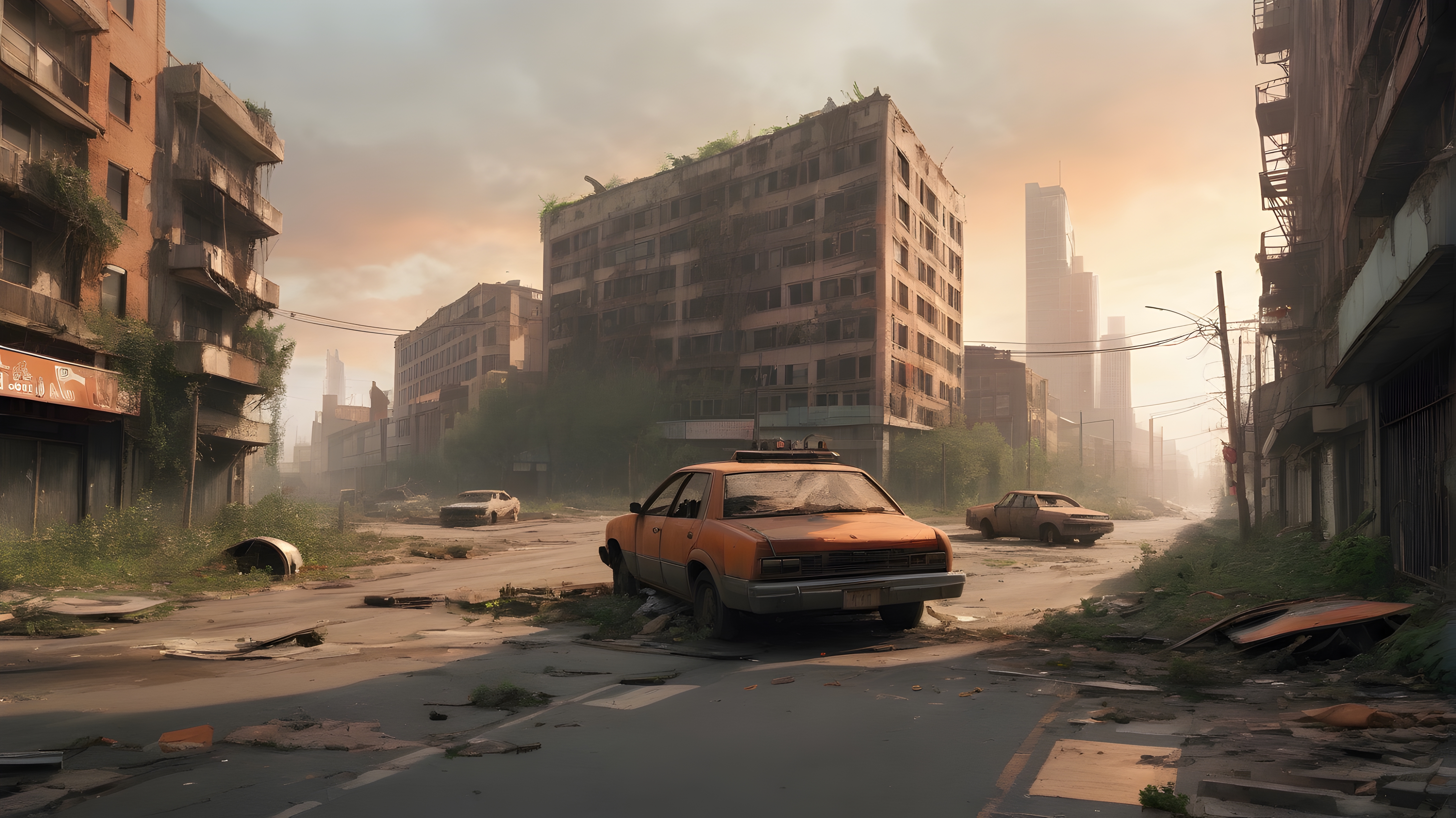 An overgrown abandoned city street at sunset.