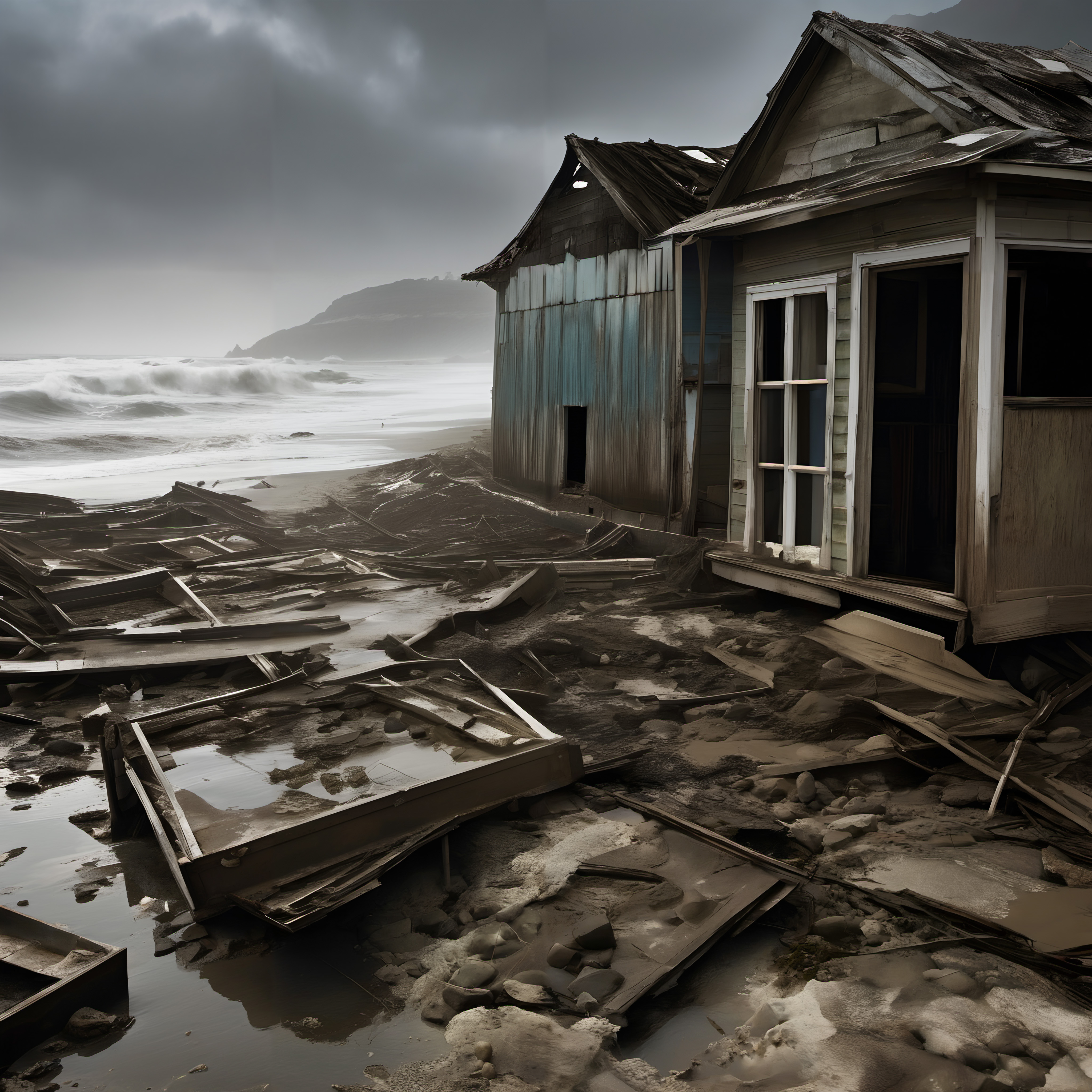 Derelict houses on a stormy beach with debris.