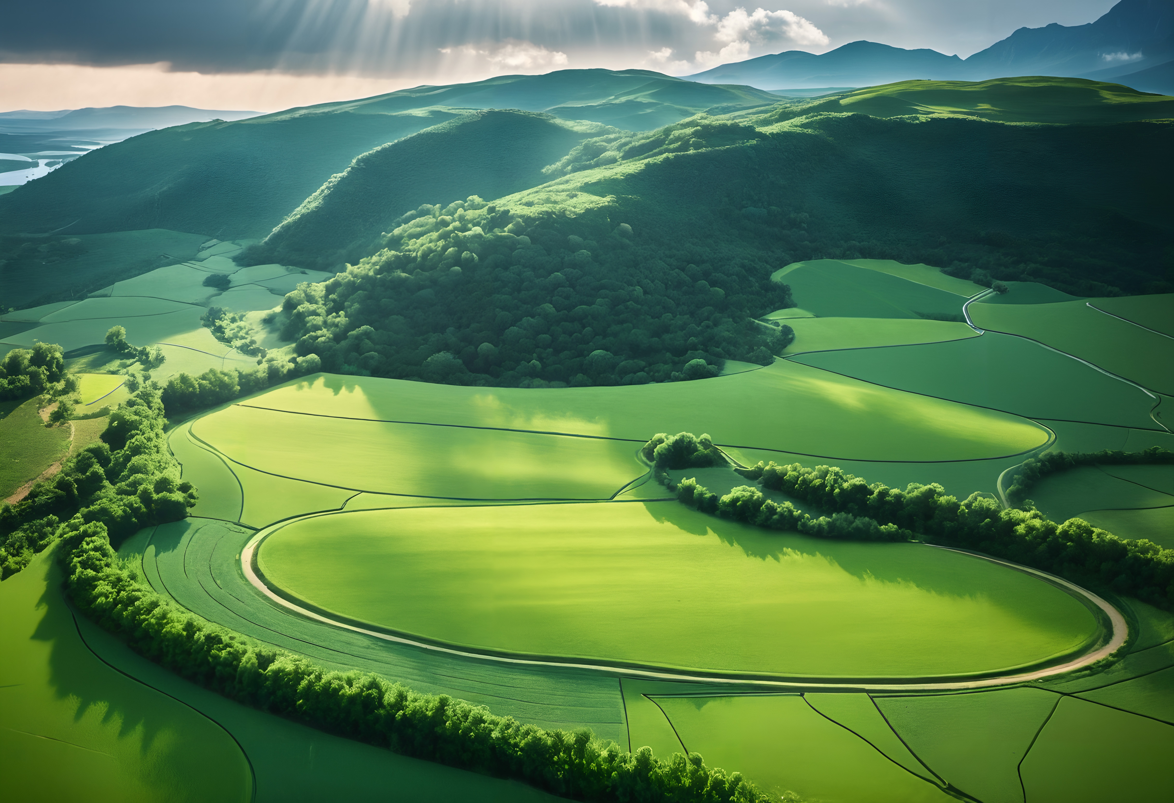 Green Hills and Sunlit Fields