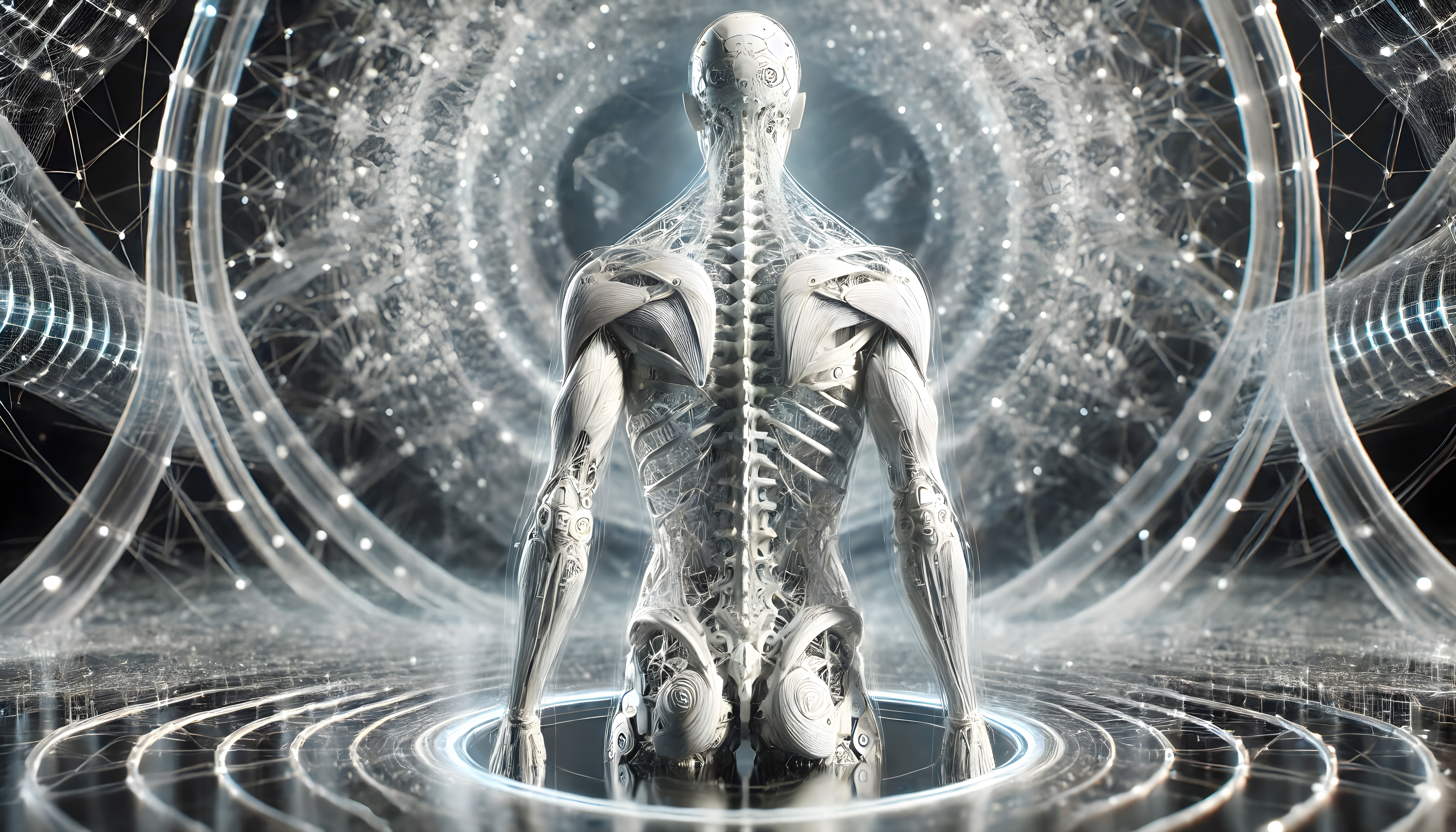 Futuristic humanoid figure with mechanical, cybernetic design.