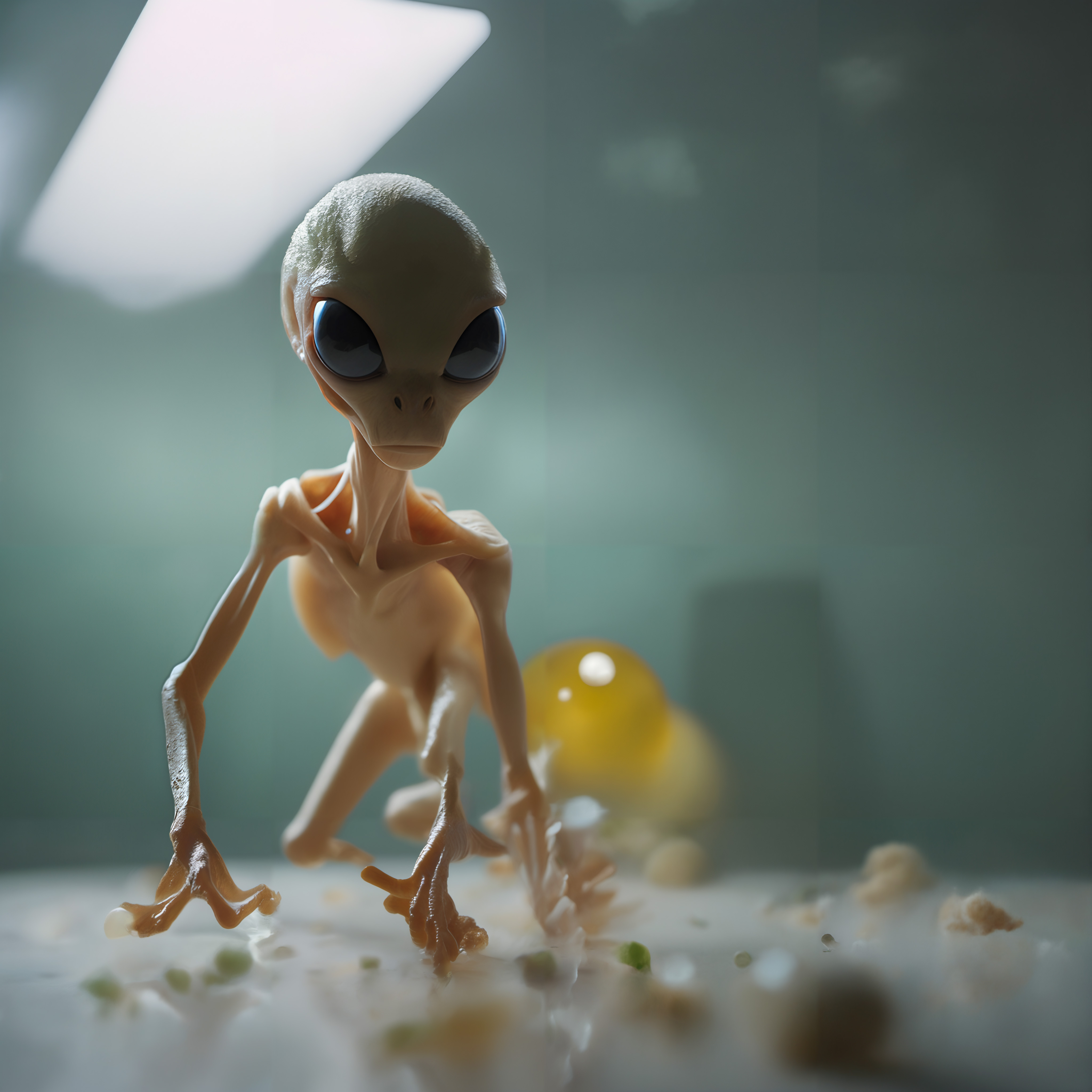 A slender alien with large eyes in a dim room, exploring its surroundings with curiosity.