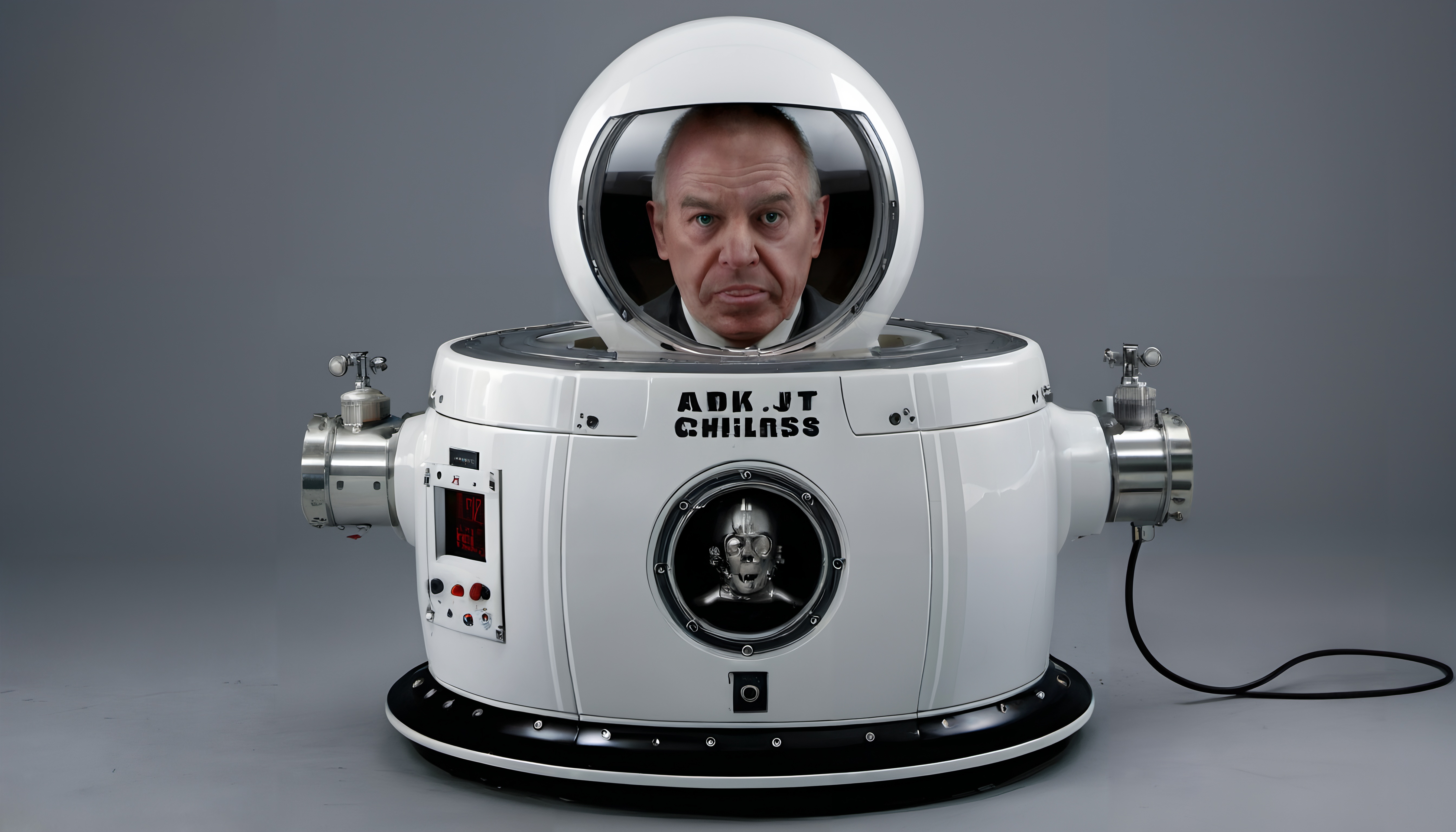 A futuristic machine with a man's head inside a transparent dome and buttons on the front.