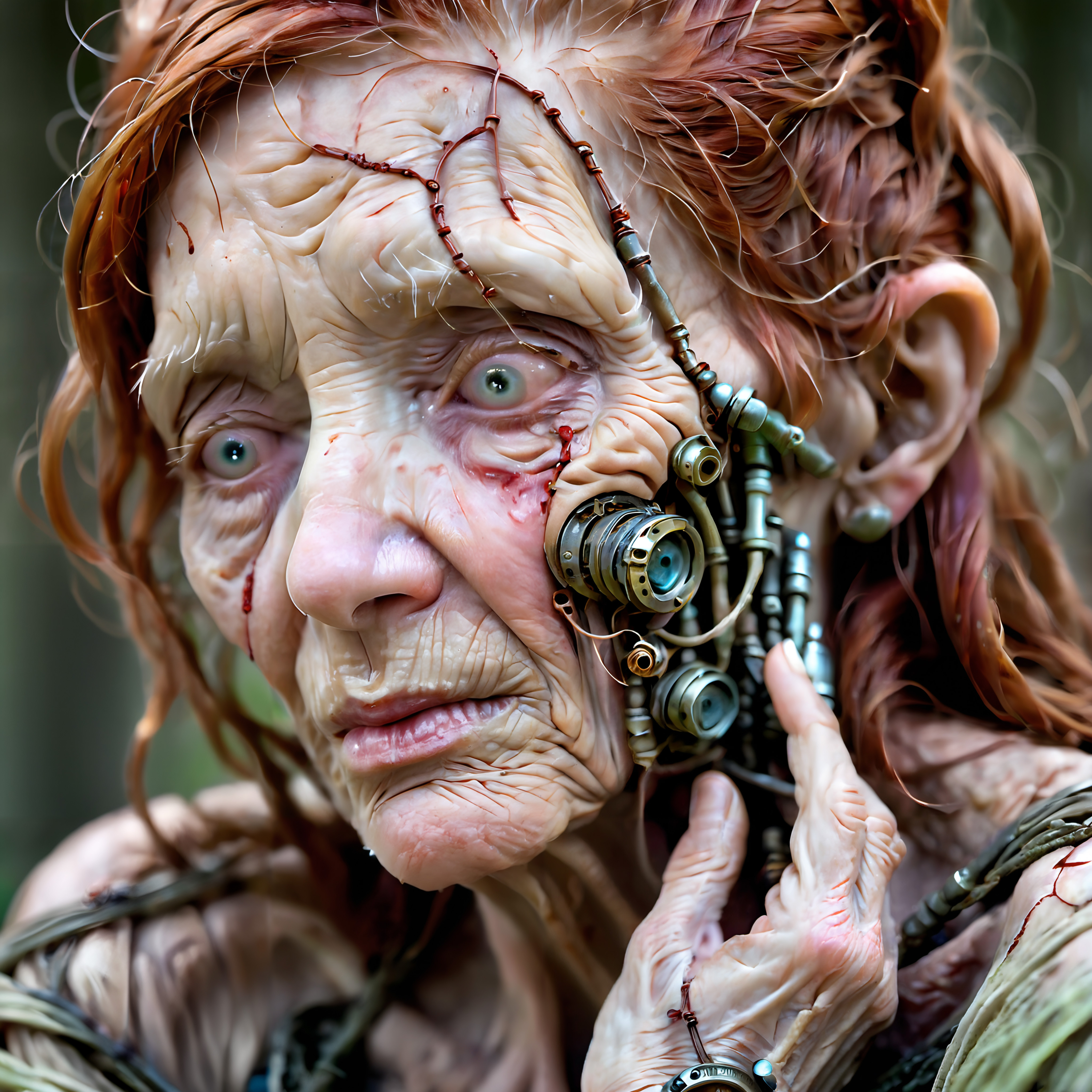 An elderly woman with intricate cybernetic implants on her face, staring intensely in a dystopian setting.