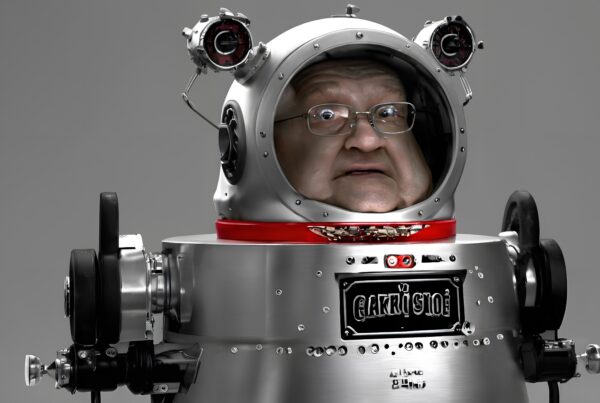 A surprised man peers from a vintage robot suit.