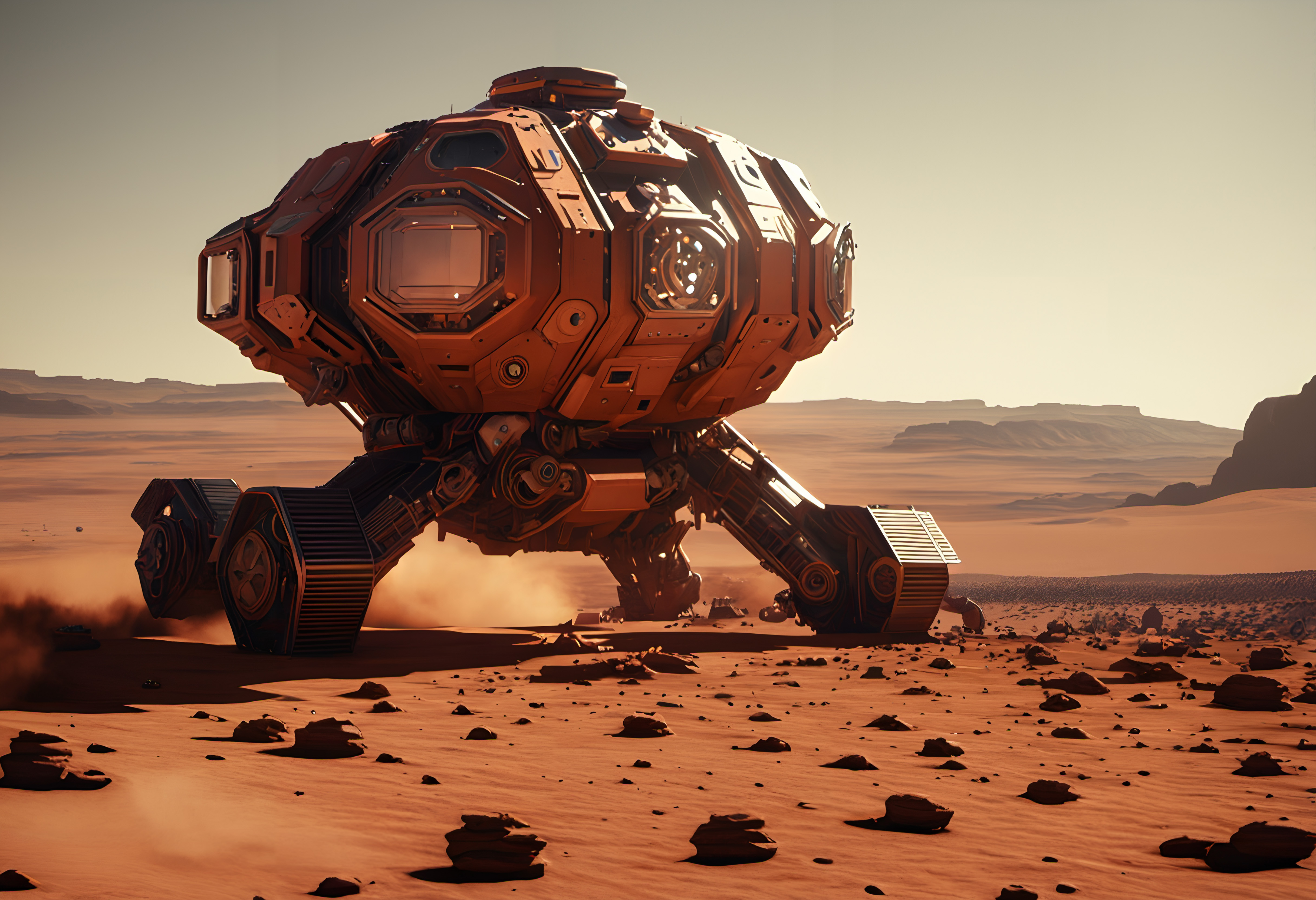 Futuristic rover exploring a rocky alien landscape on a distant planet.