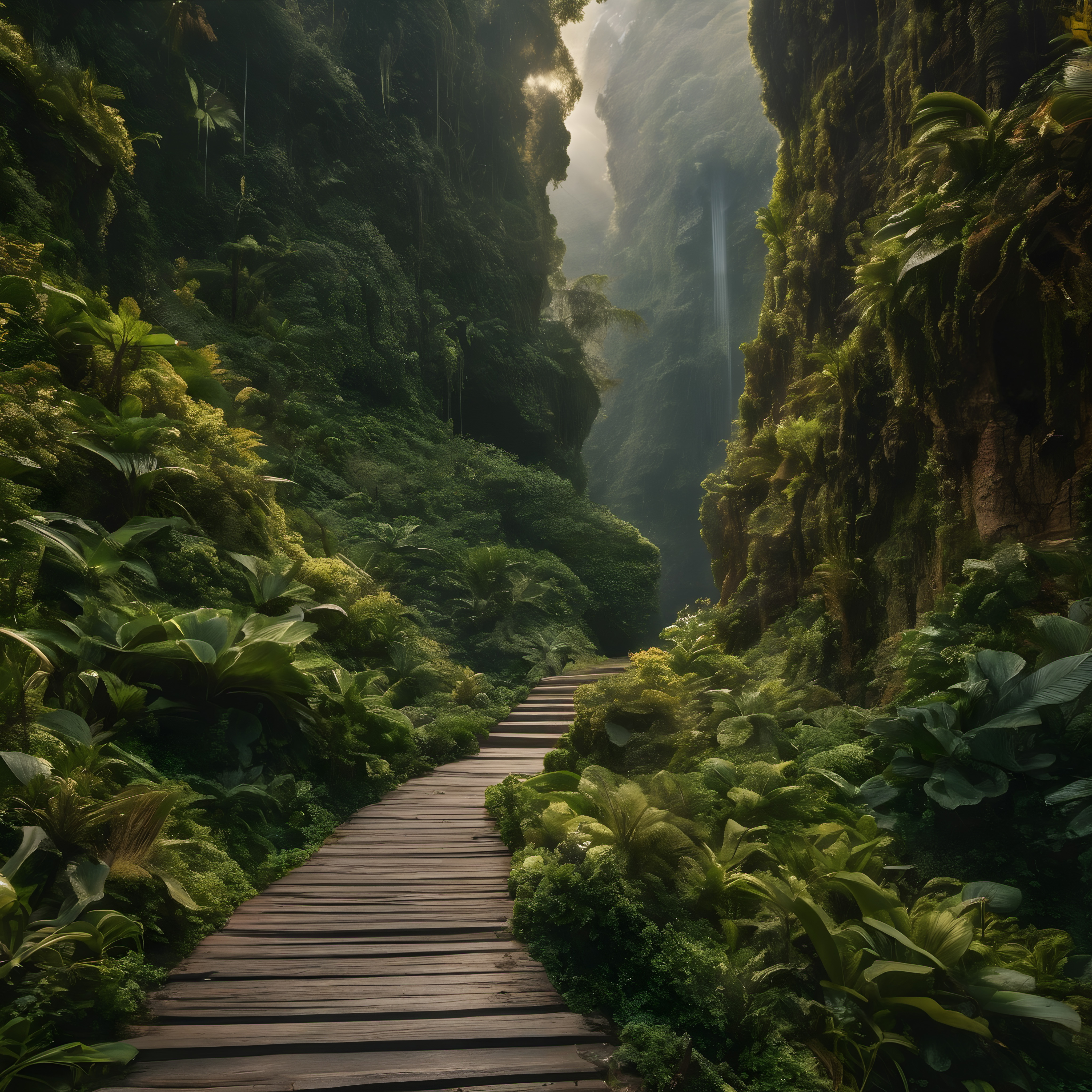 A serene wooden path weaves through a lush, green canyon with a distant waterfall.